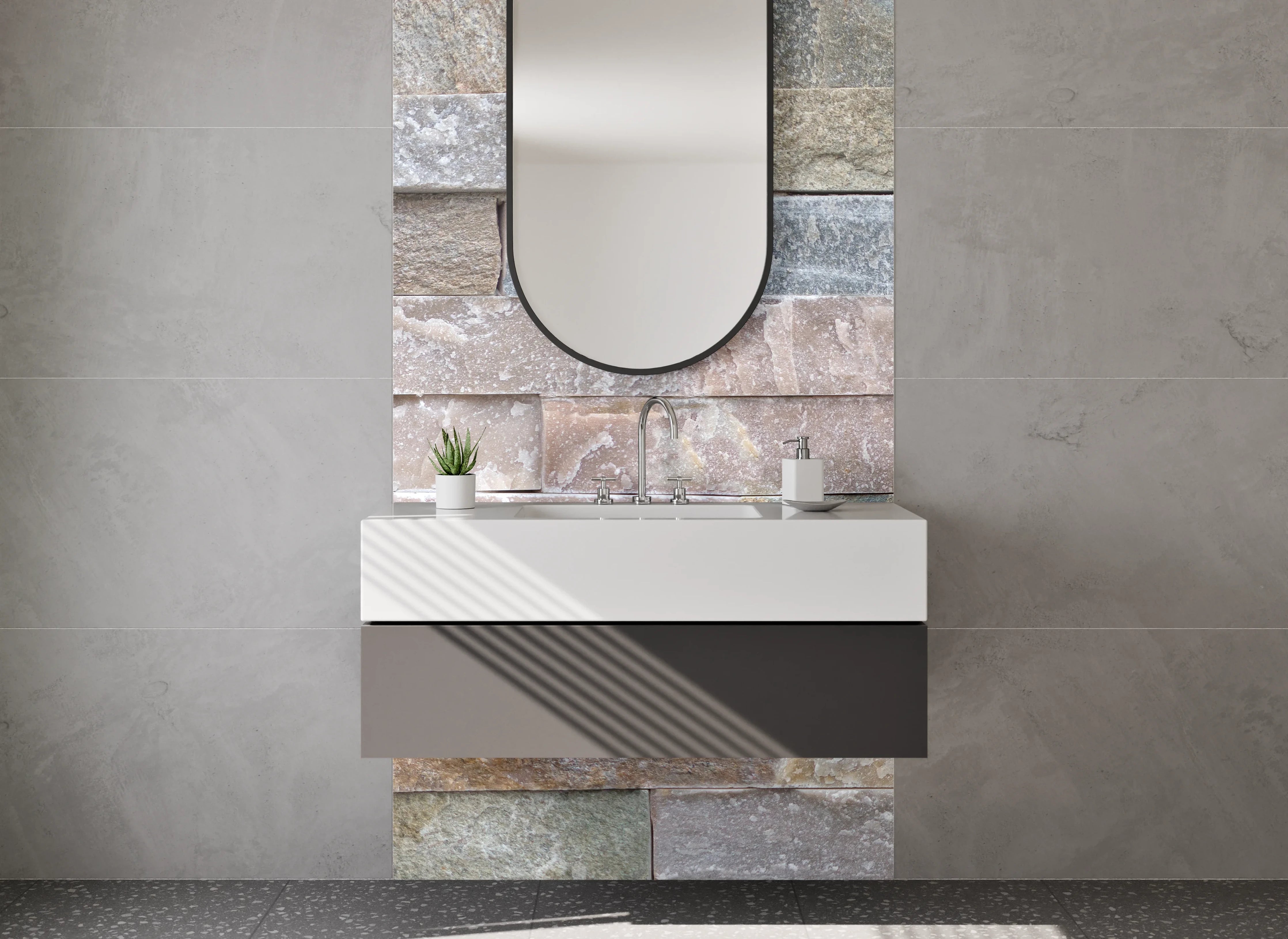 Waschbecken-Rückwand - Natursteinmauer Fliesenoptik Beige Grau