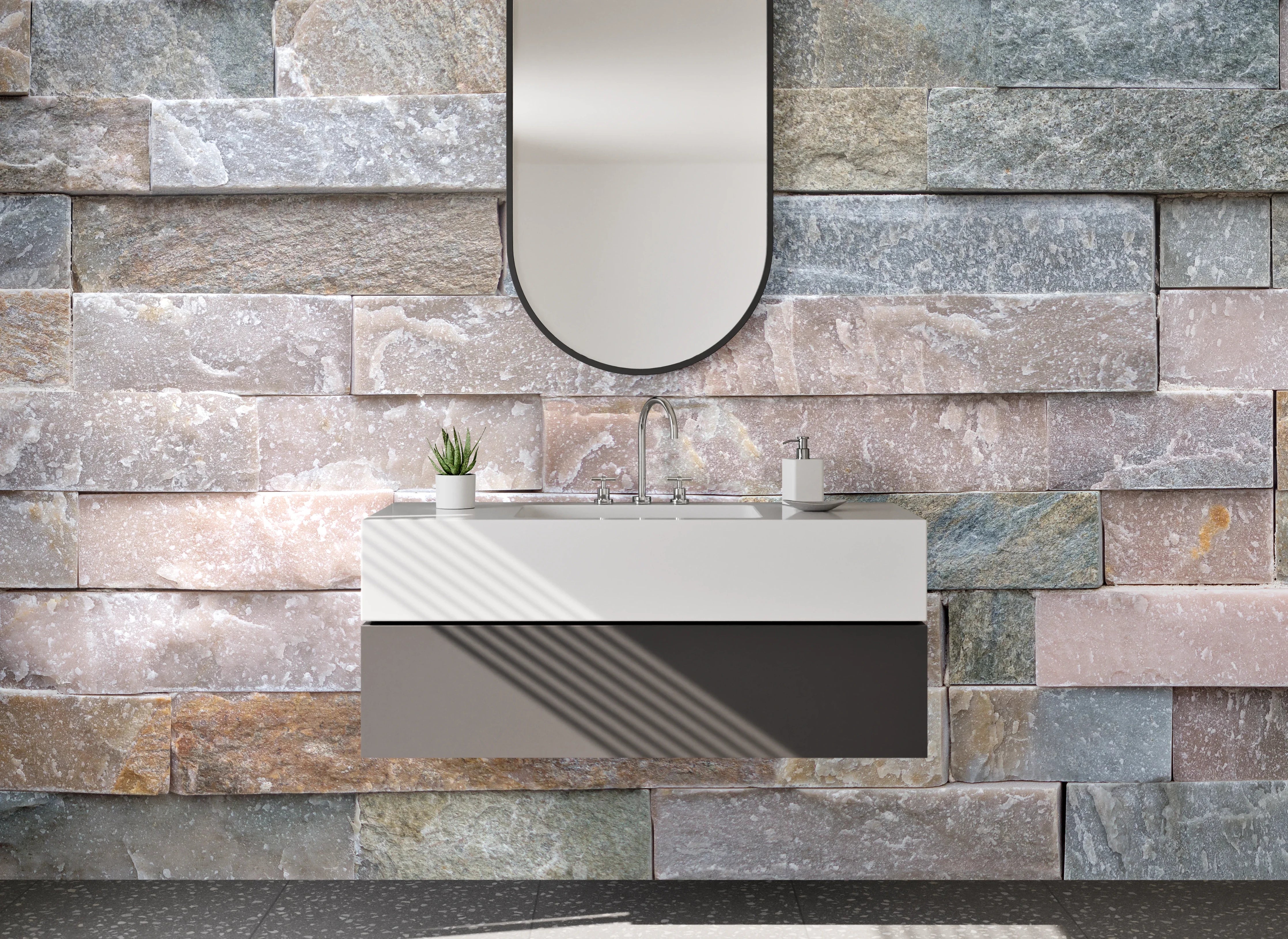Waschbecken-Rückwand - Natursteinmauer Fliesenoptik Beige Grau