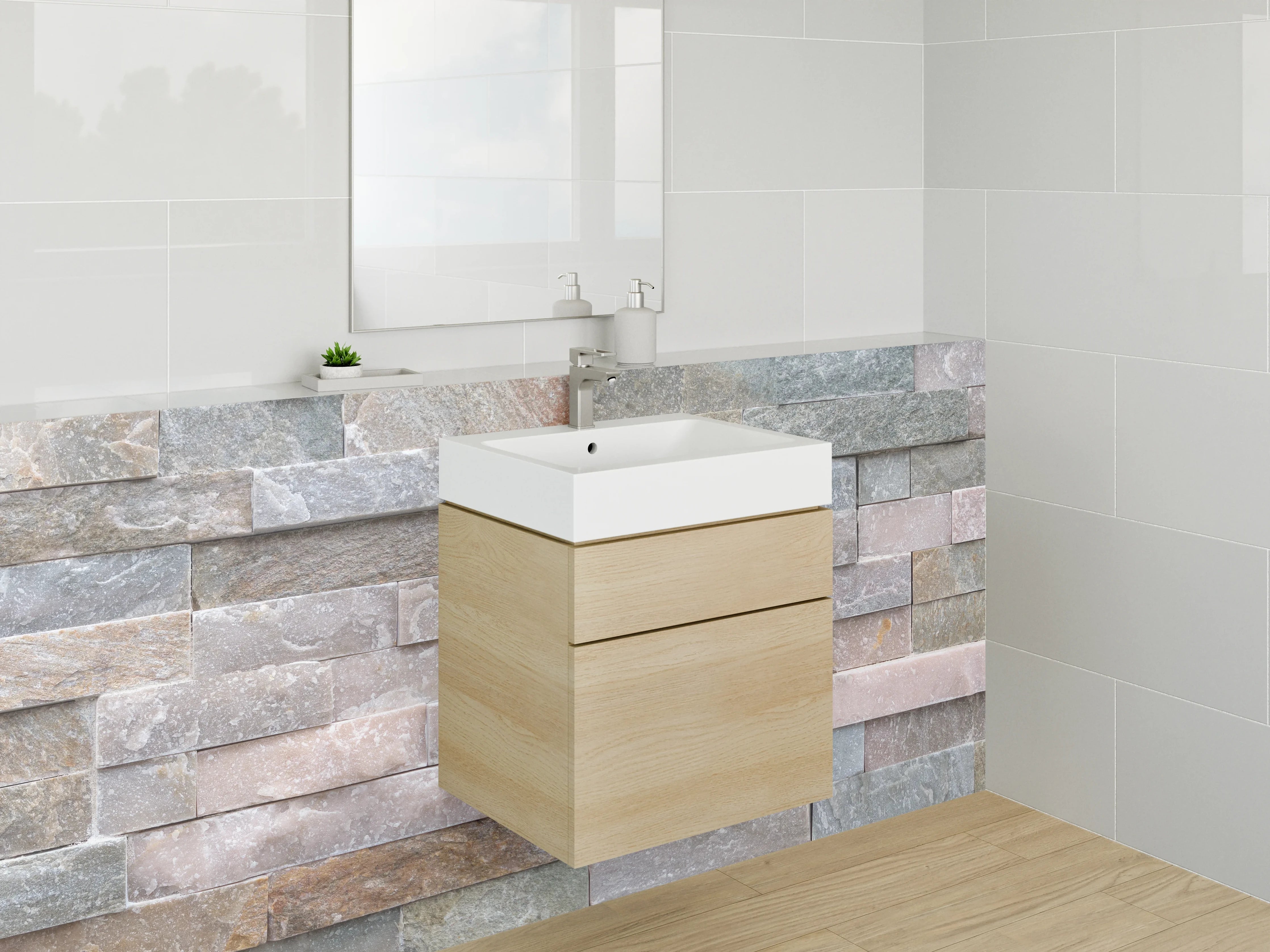 Waschbecken-Rückwand - Natursteinmauer Fliesenoptik Beige Grau
