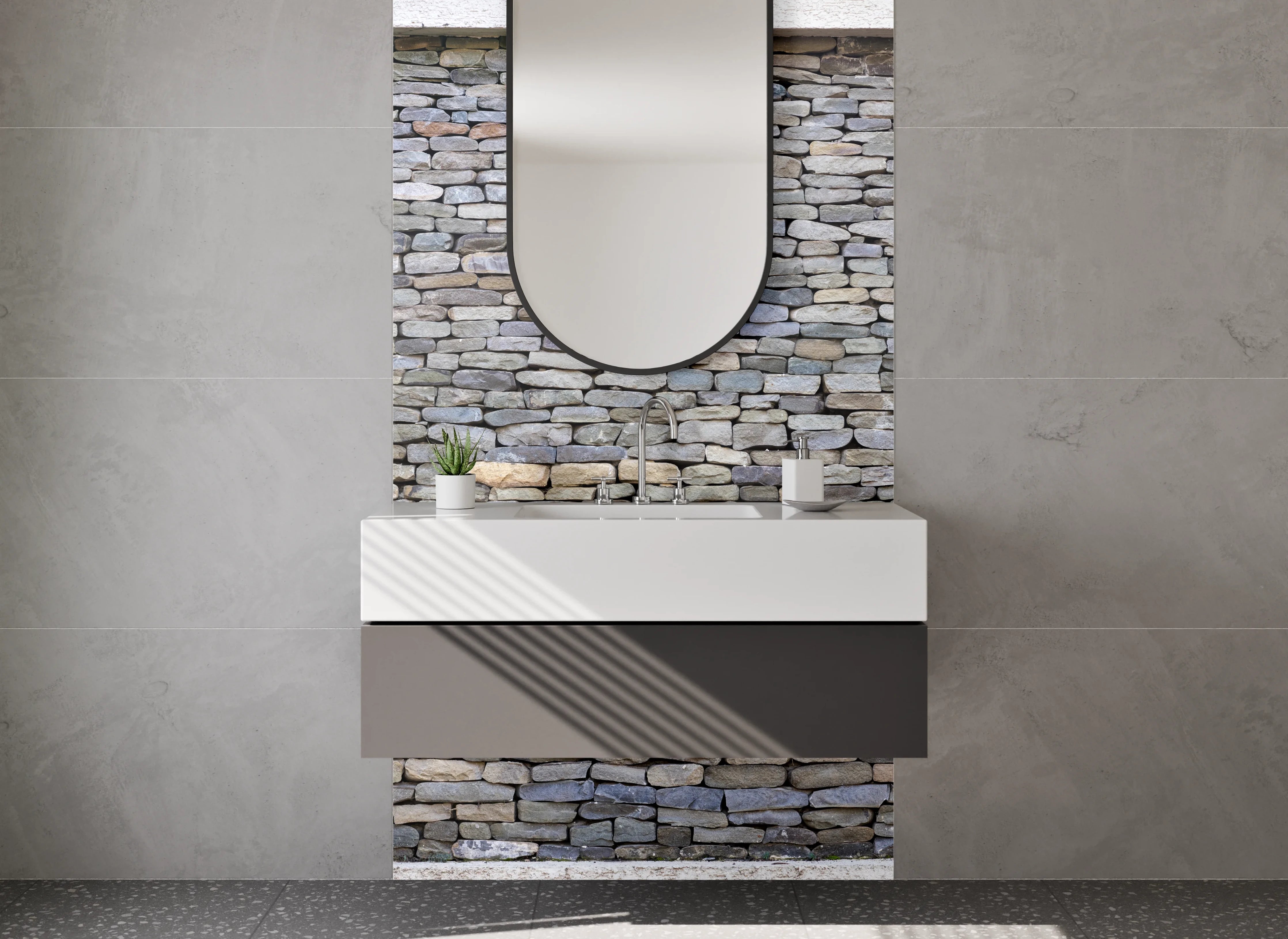 Waschbecken-Rückwand - Natursteinmauer Optik Fliesen