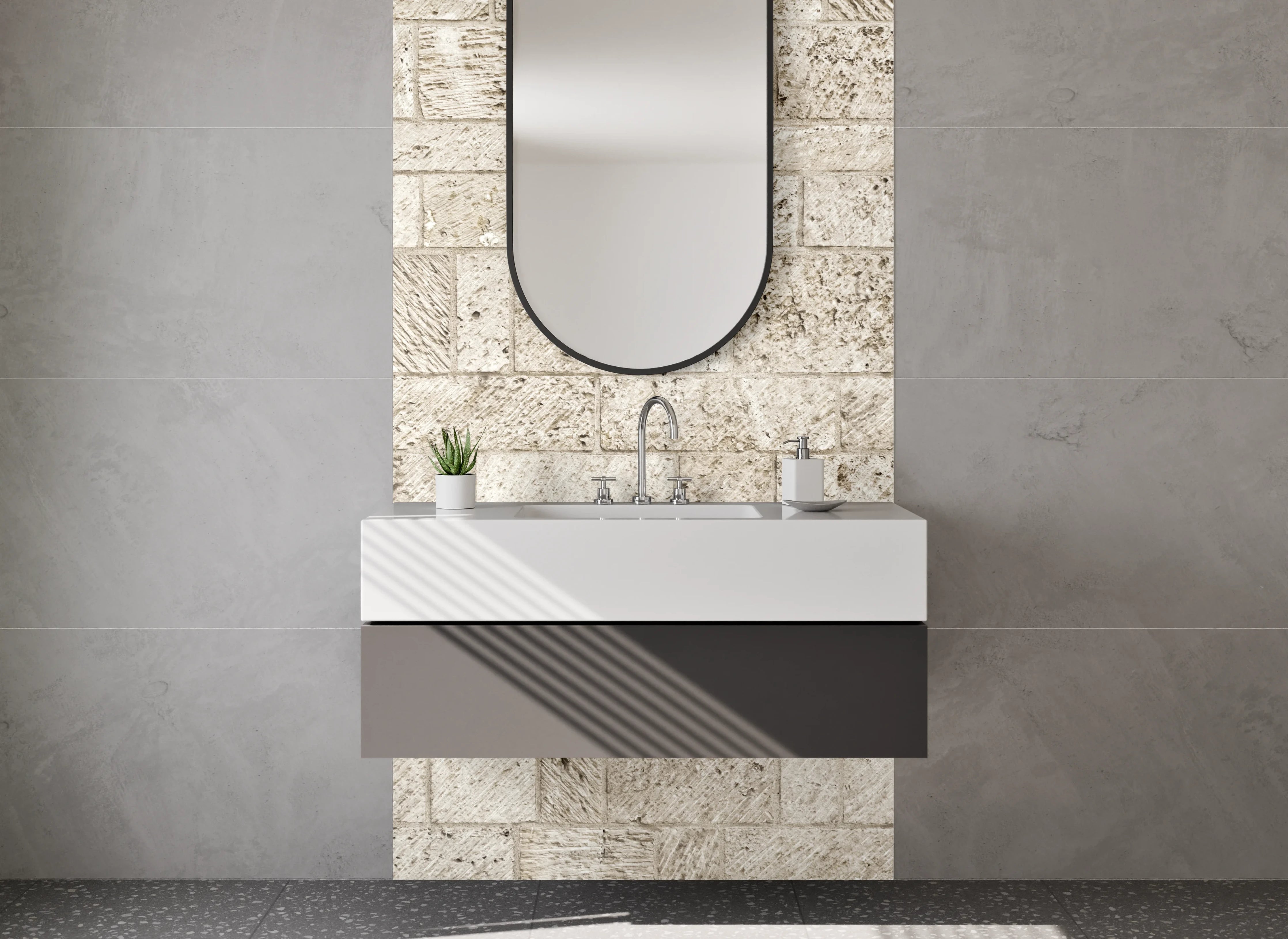 Waschbecken-Rückwand - Natursteinmauer in Beige-Tönen