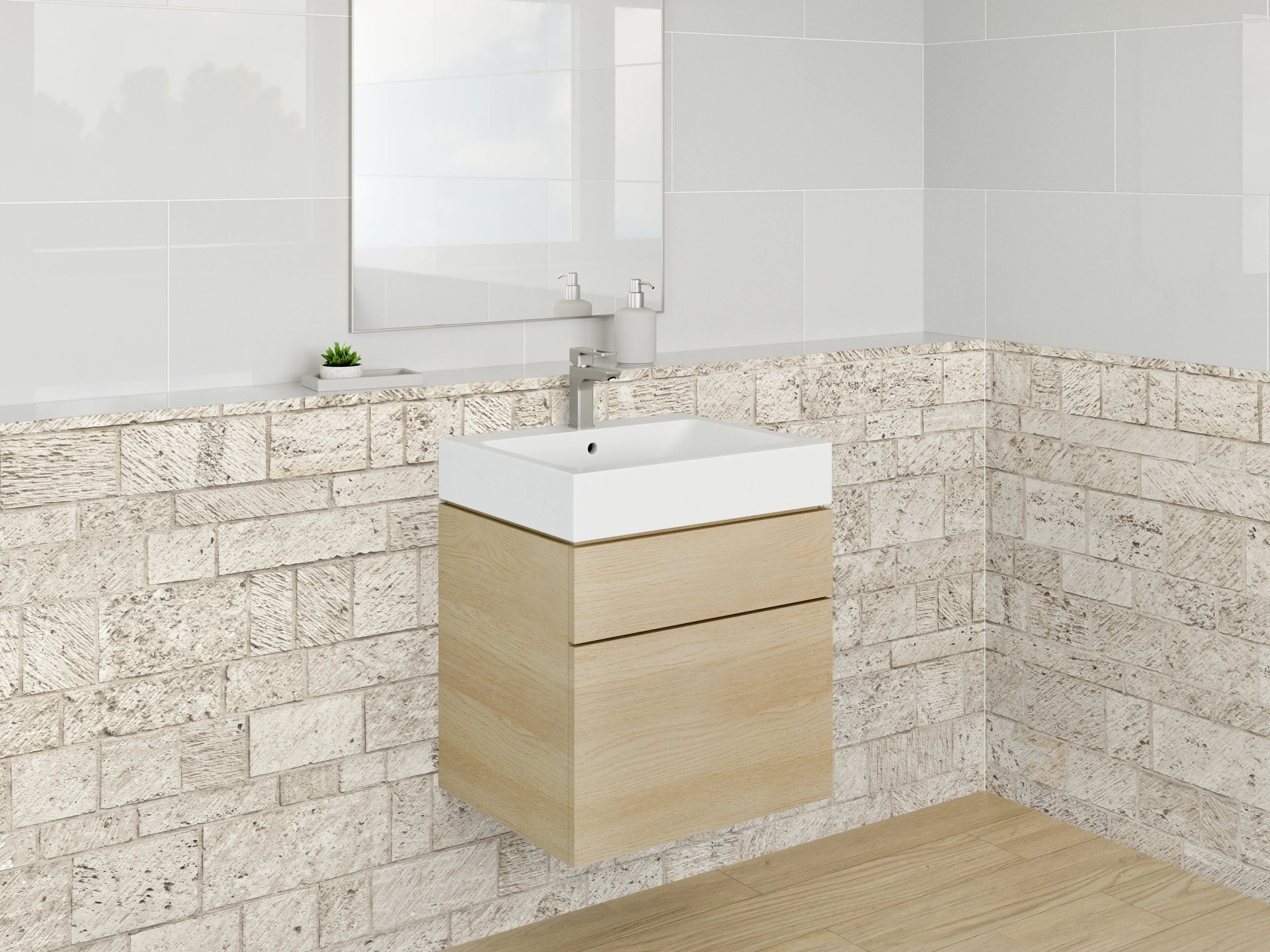 Waschbecken-Rückwand - Natursteinmauer in Beige-Tönen