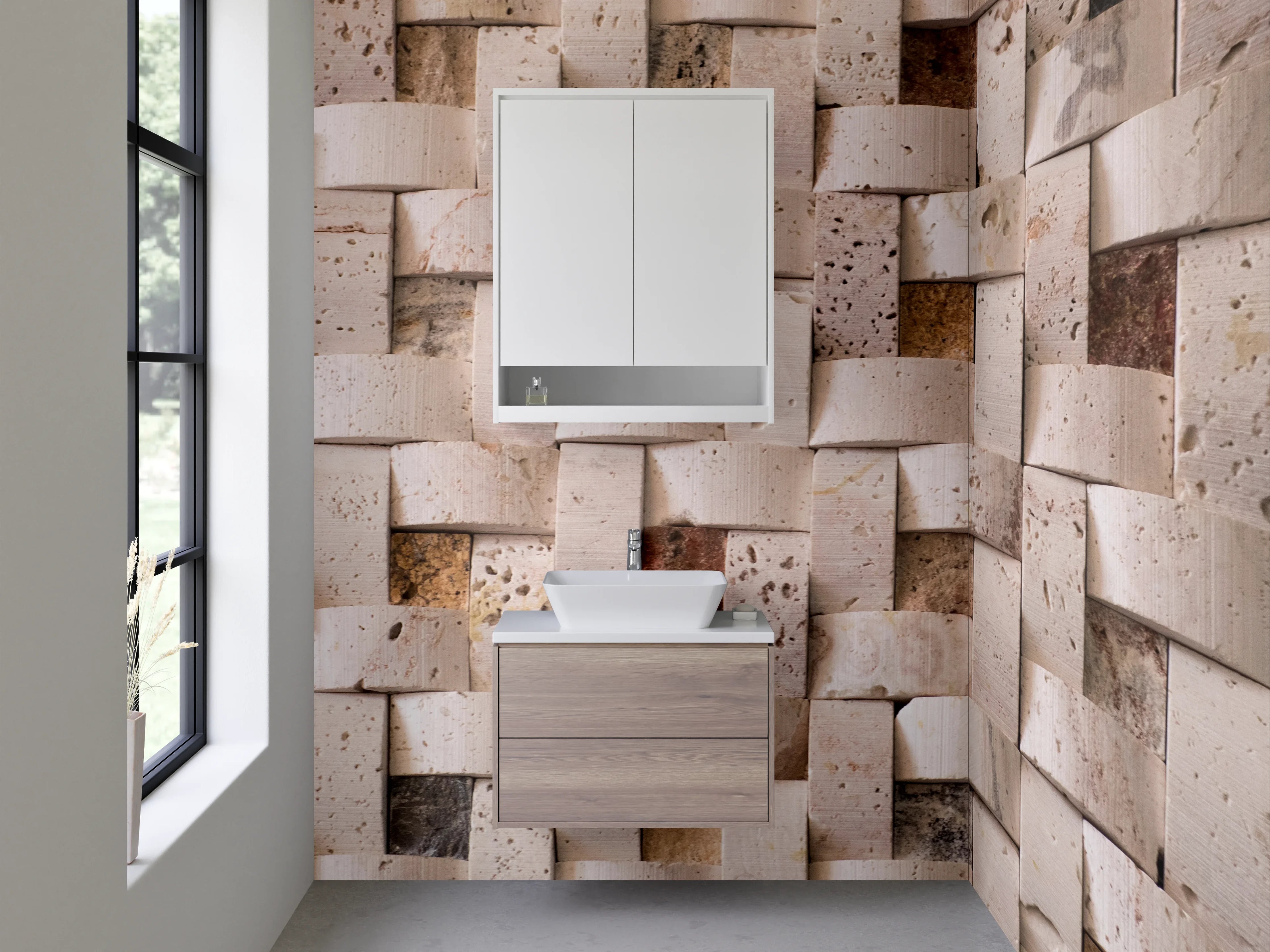Waschbecken-Rückwand - Natursteinmuster in neutralen Tönen