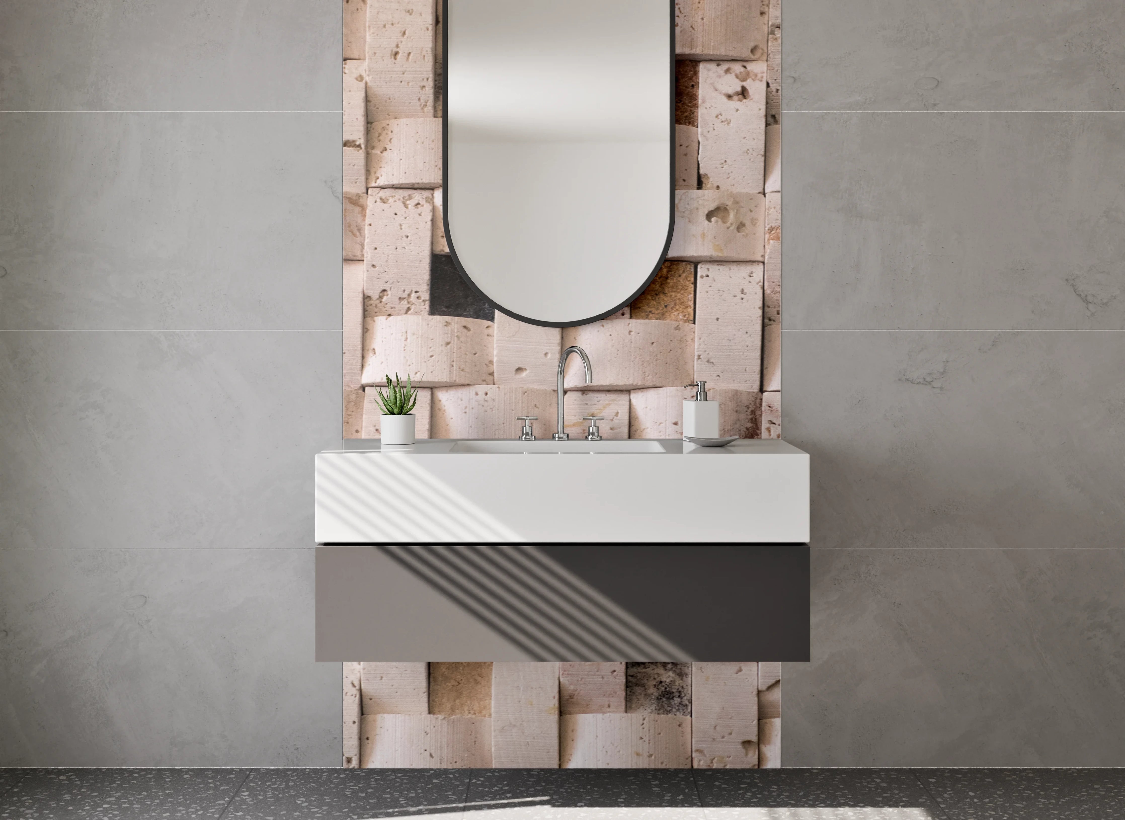 Waschbecken-Rückwand - Natursteinmuster in neutralen Tönen