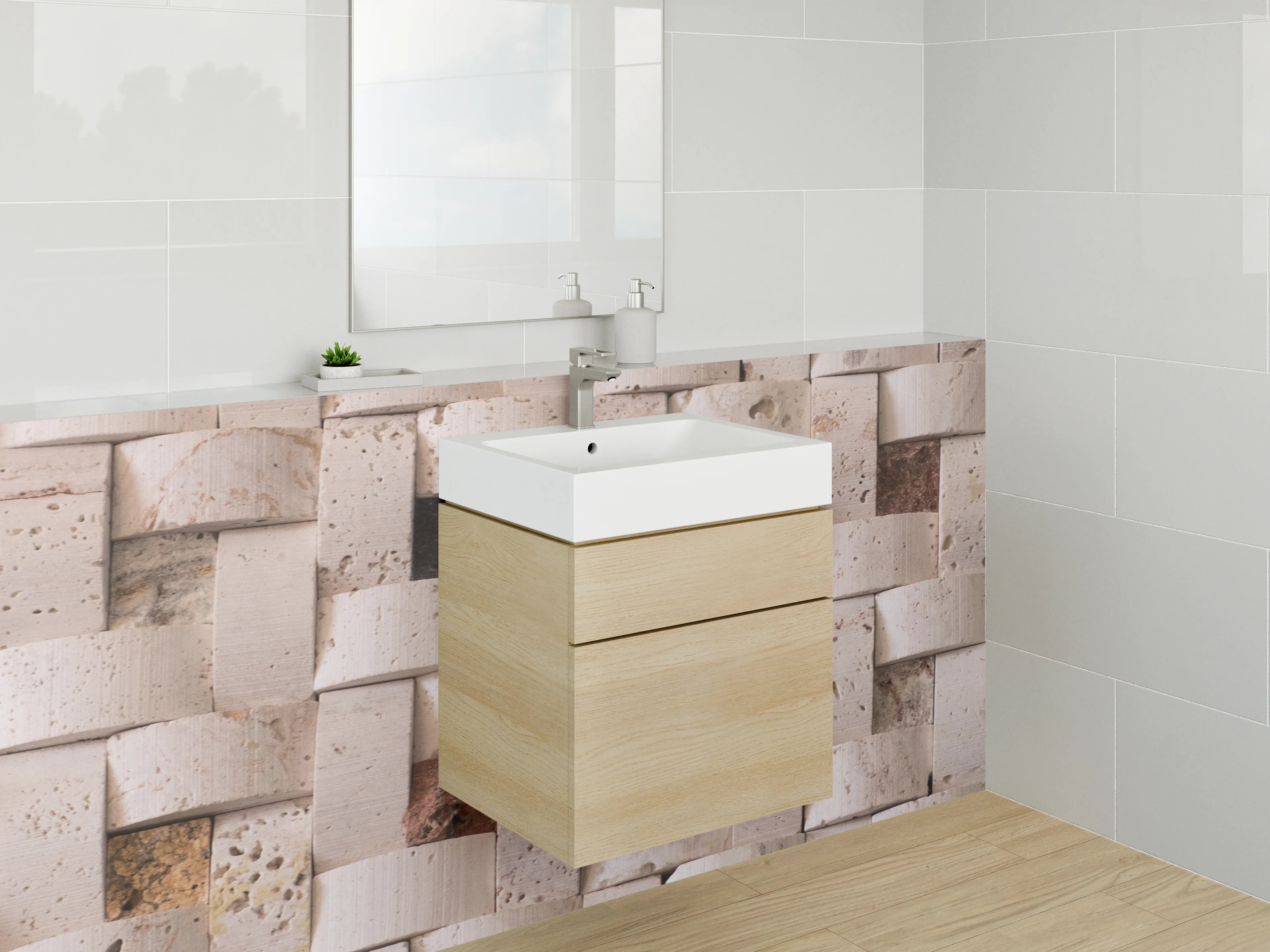 Waschbecken-Rückwand - Natursteinmuster in neutralen Tönen