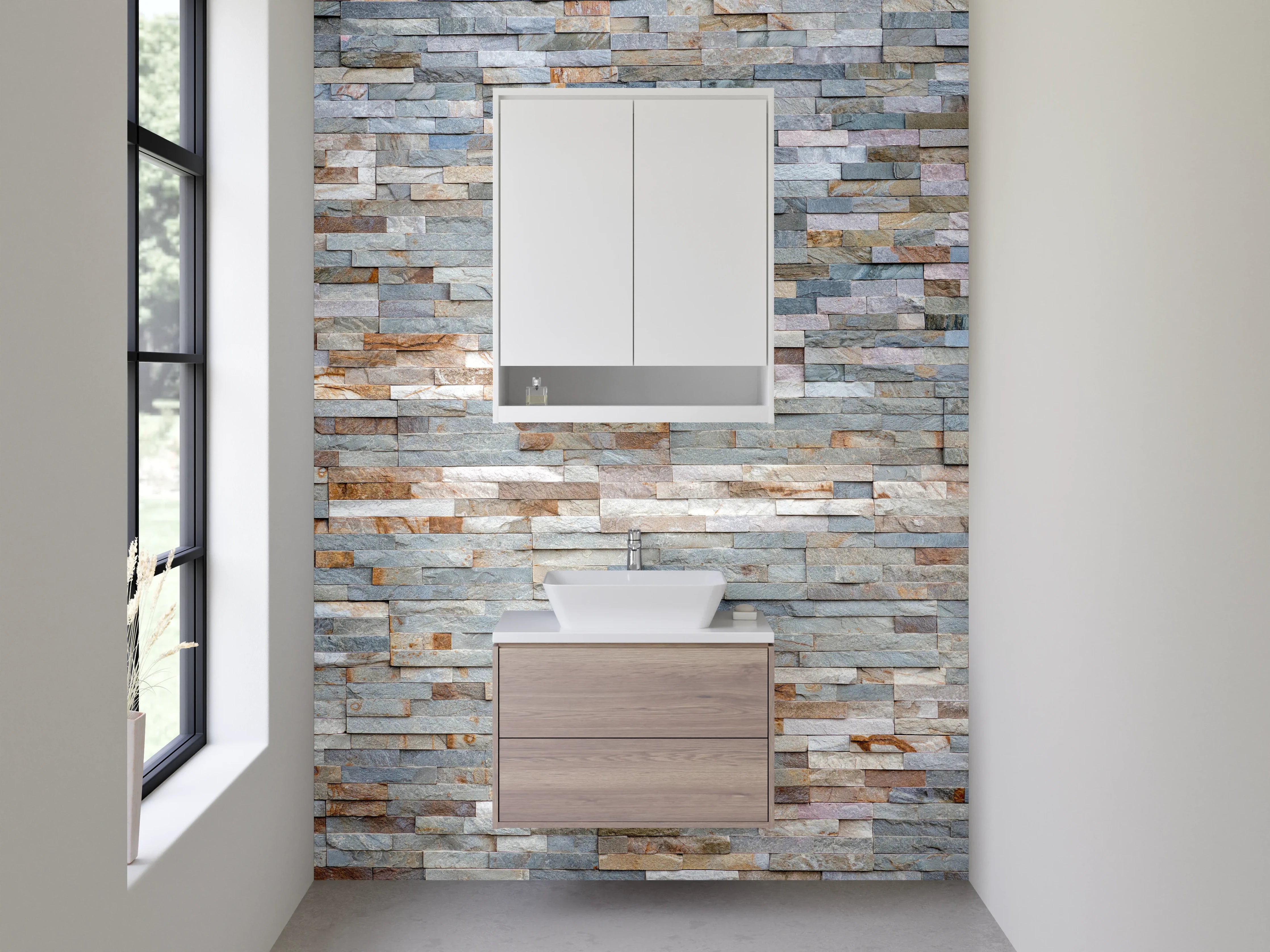 Waschbecken-Rückwand - Natursteinoptik Wandverkleidung Grau Beige