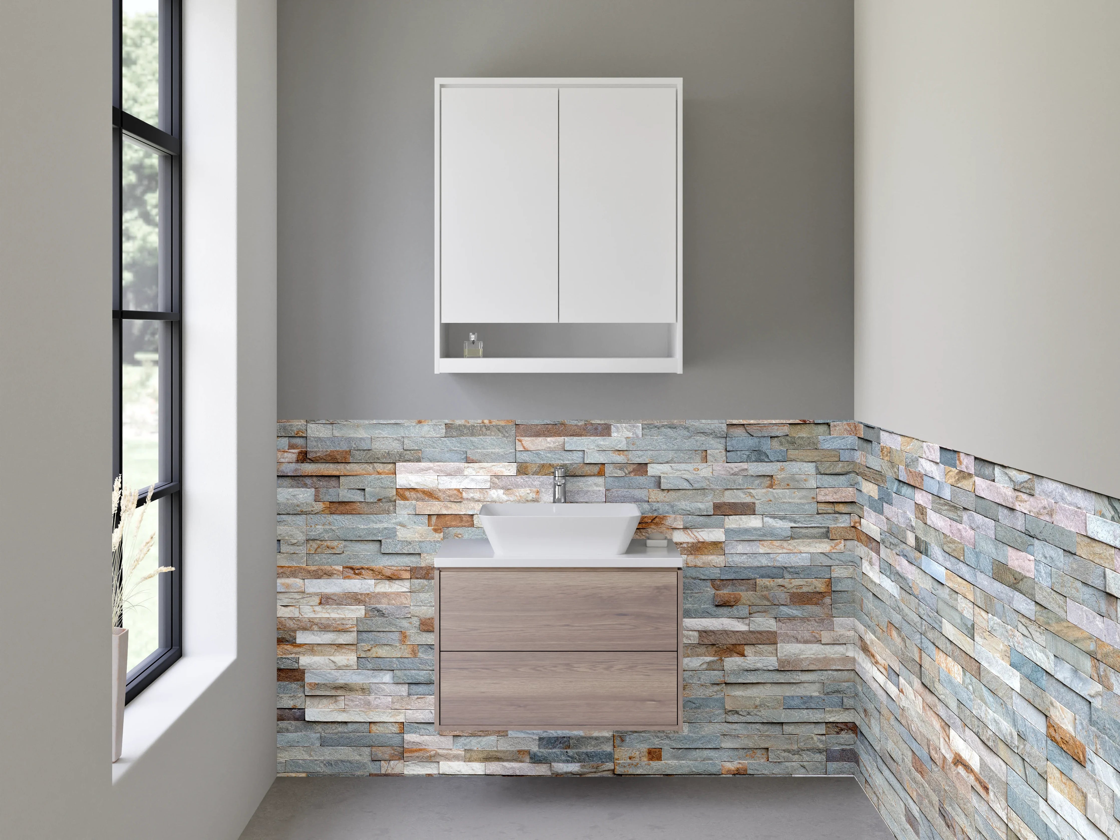 Waschbecken-Rückwand - Natursteinoptik Wandverkleidung Grau Beige