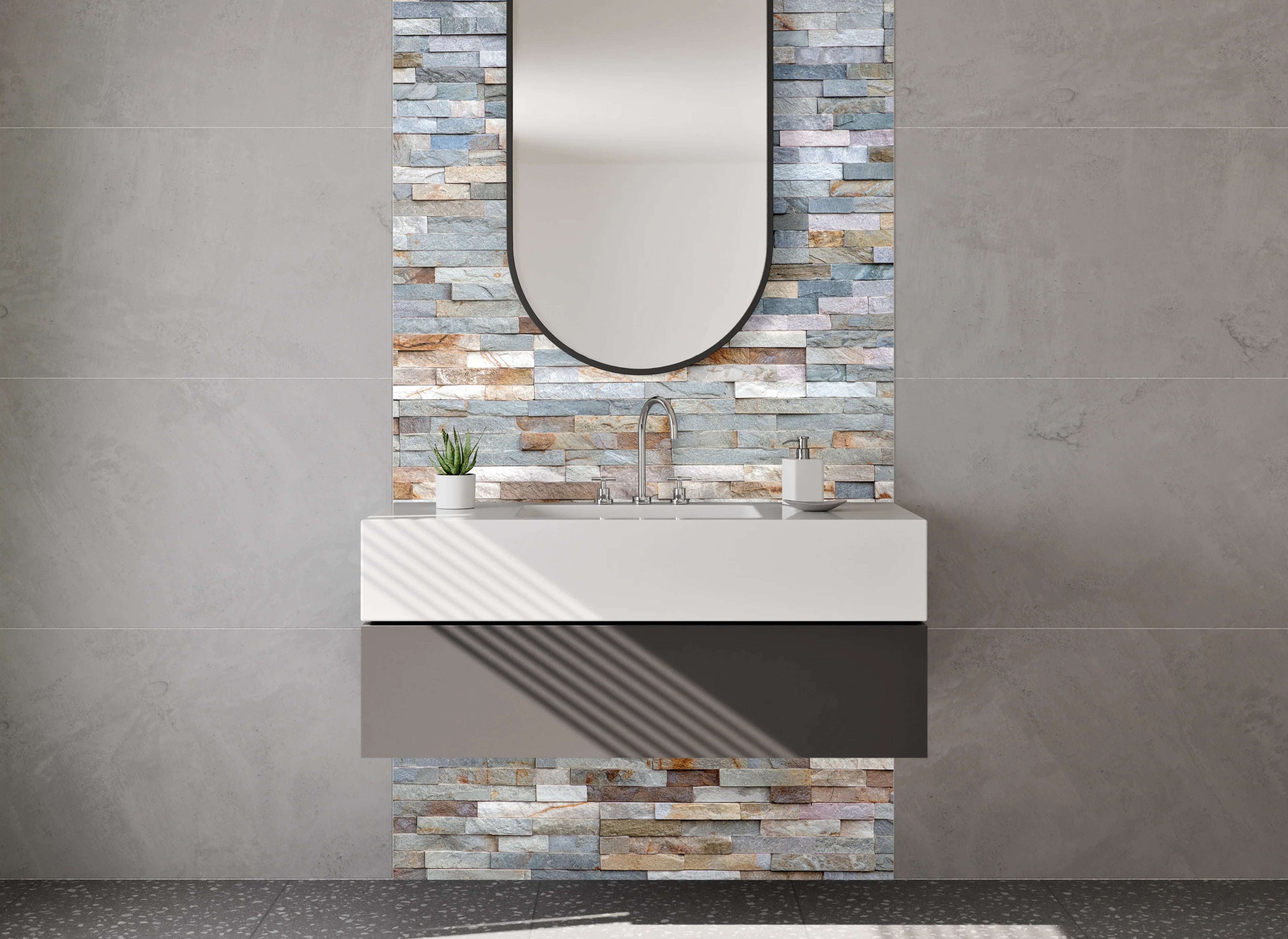 Waschbecken-Rückwand - Natursteinoptik Wandverkleidung Grau Beige