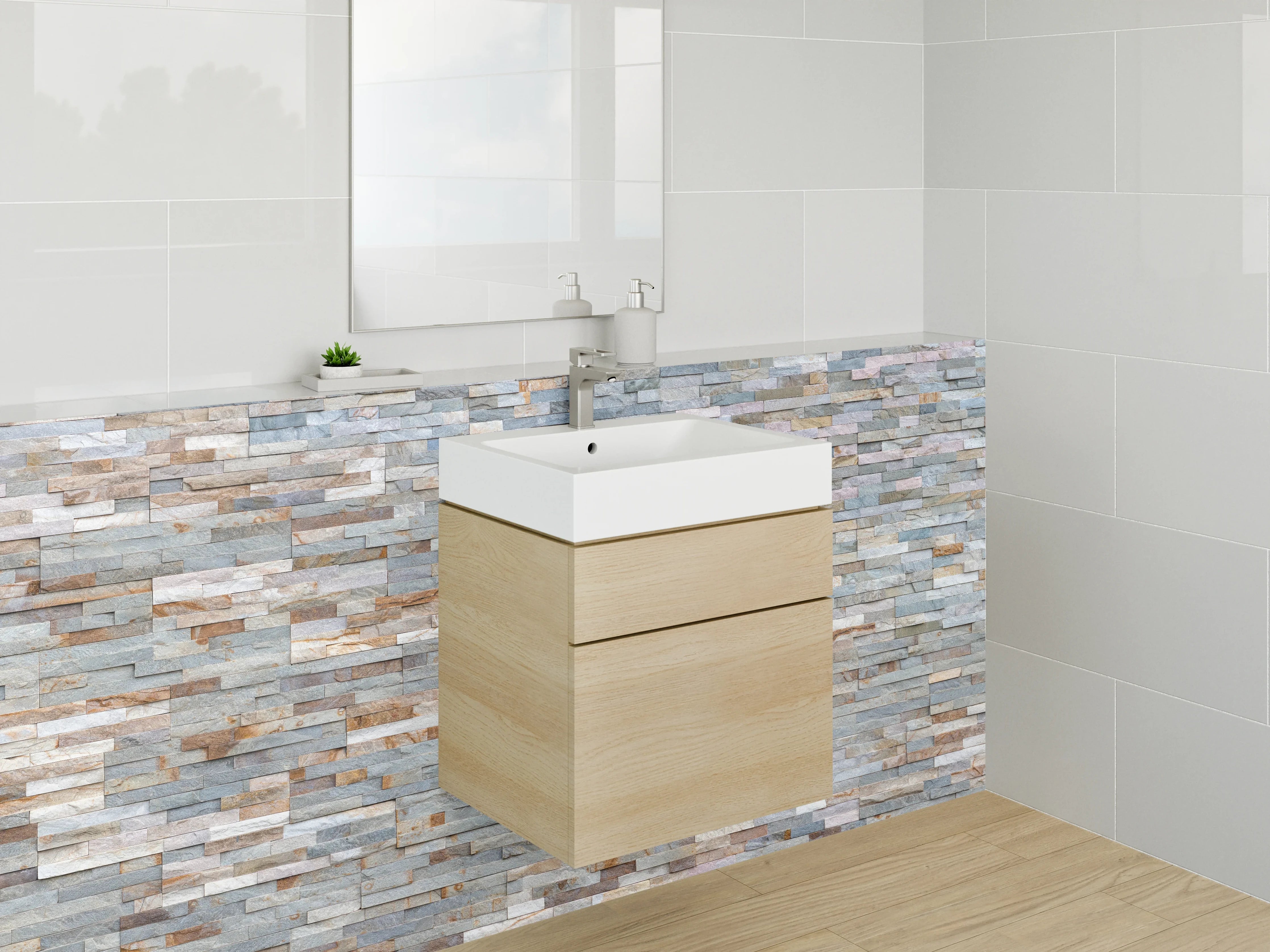 Waschbecken-Rückwand - Natursteinoptik Wandverkleidung Grau Beige