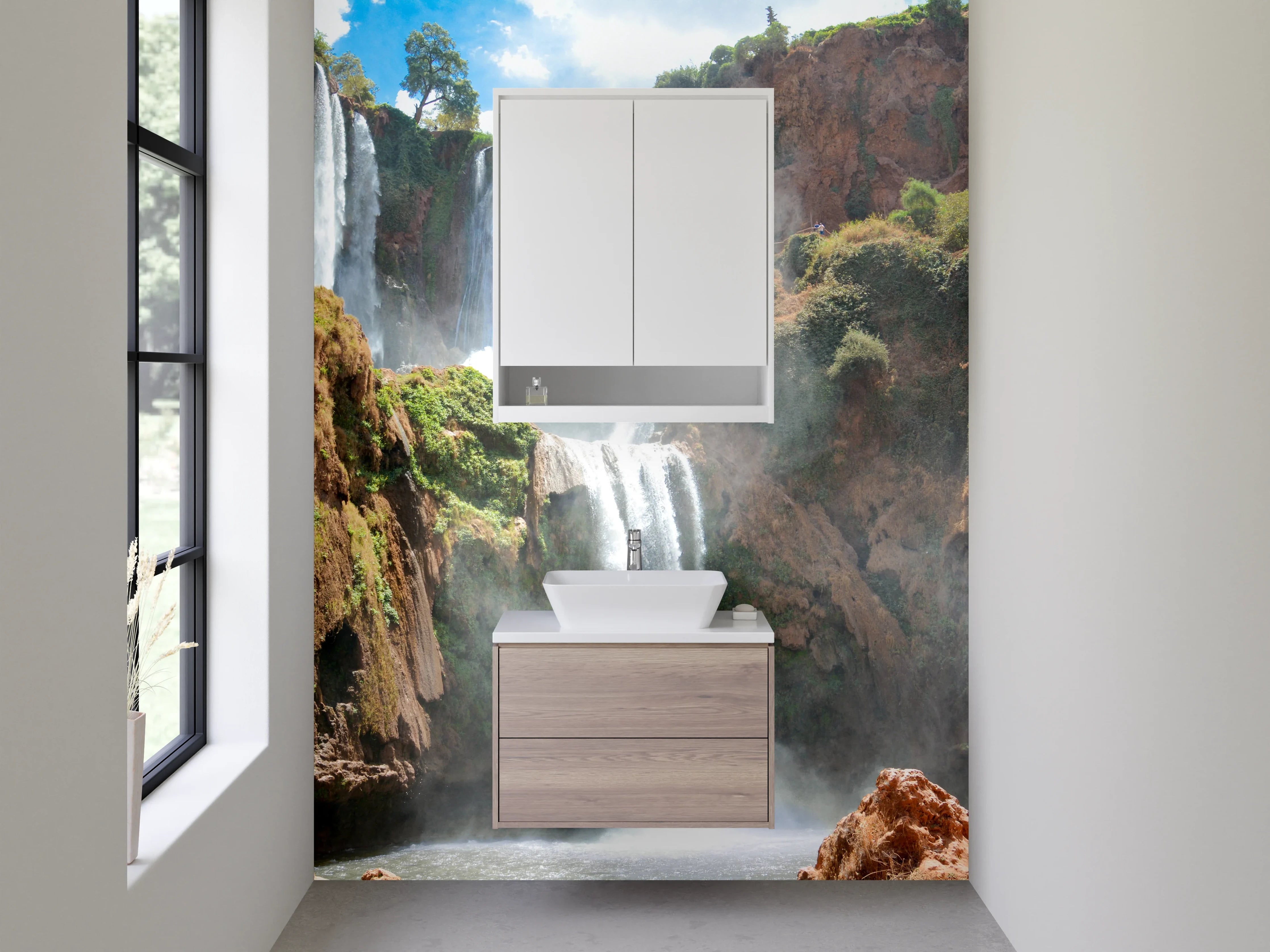 Waschbecken-Rückwand - Naturwasserfall Felsen grün Braun