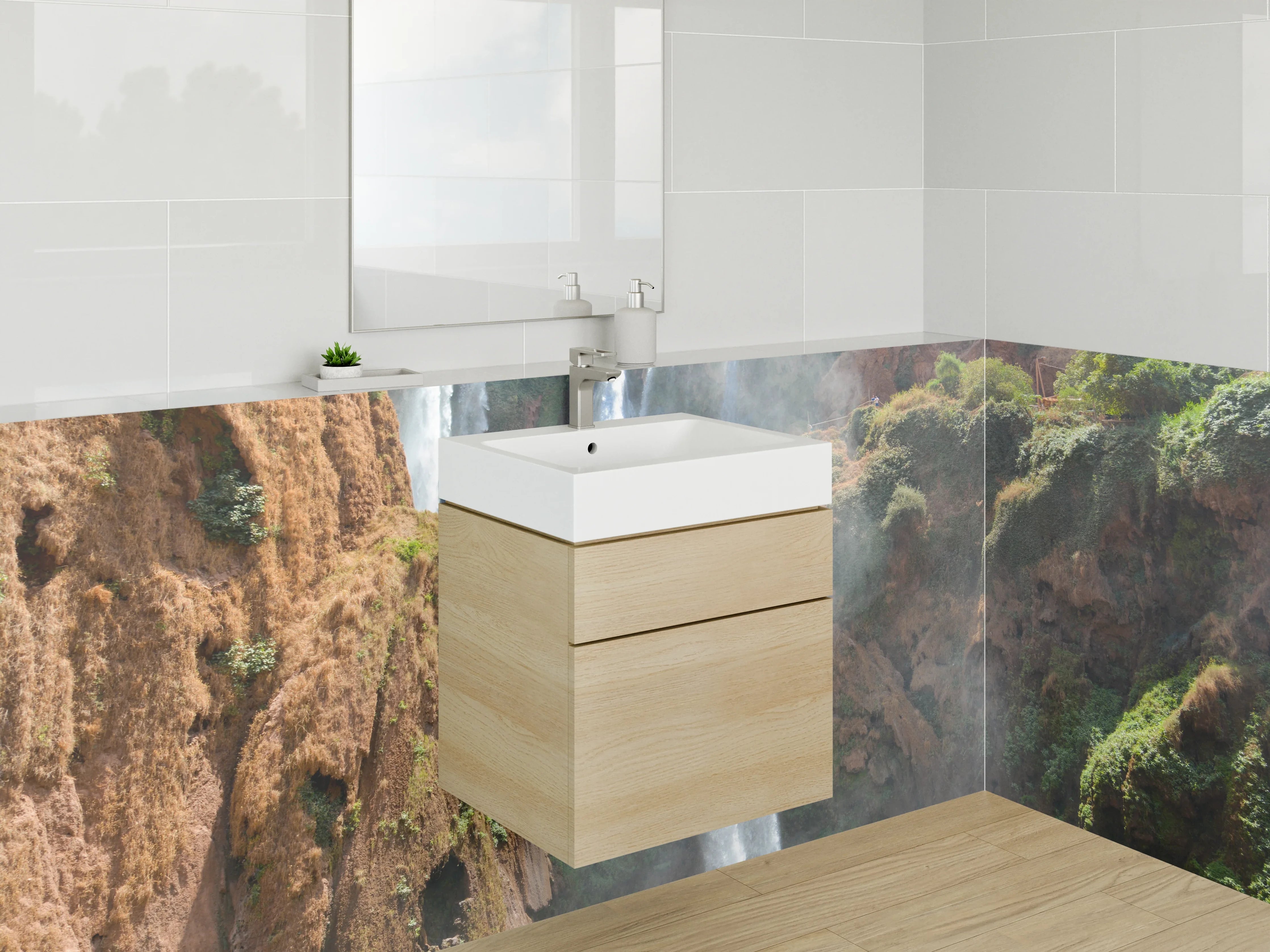 Waschbecken-Rückwand - Naturwasserfall Felsen grün Braun