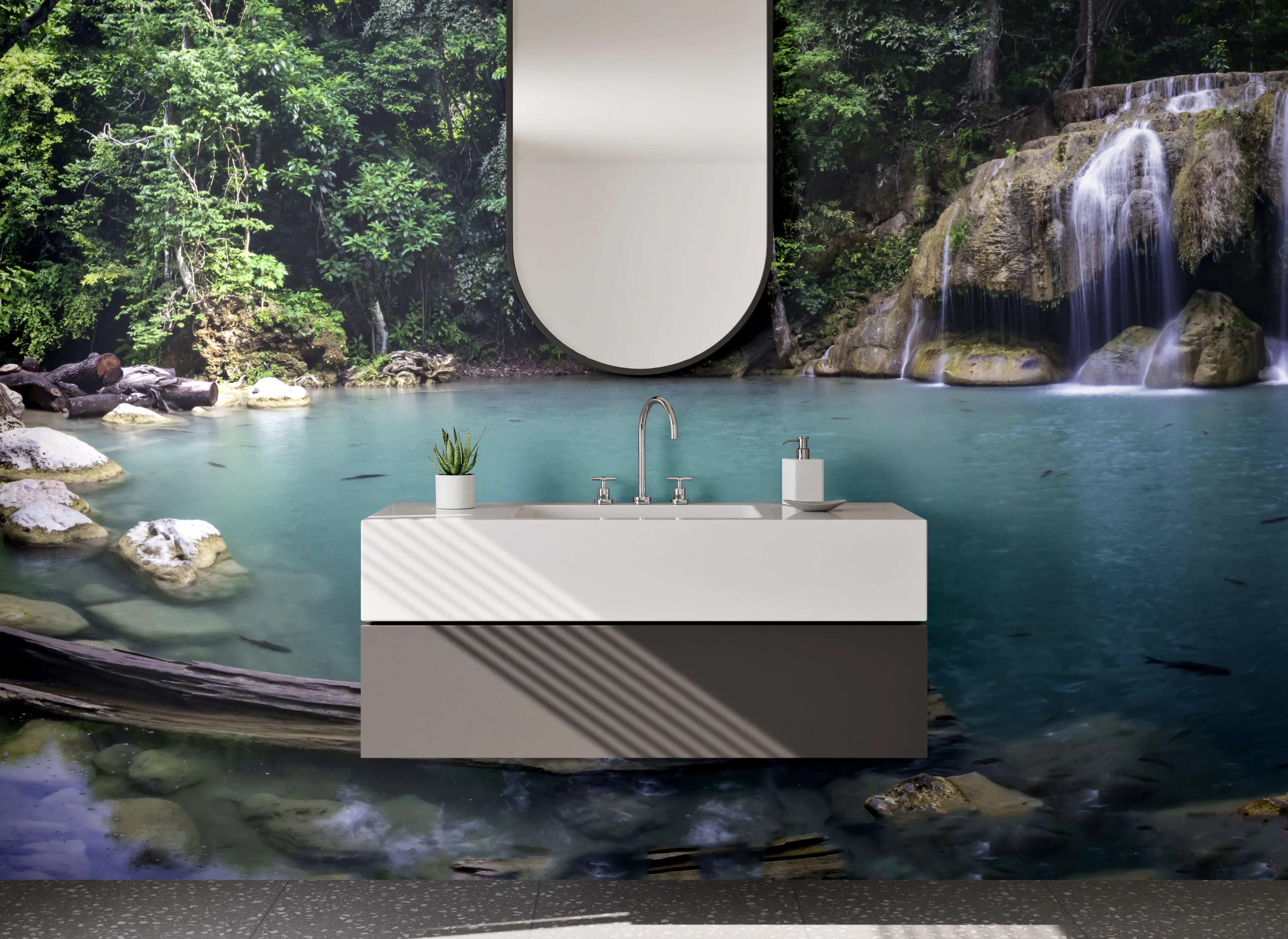 Waschbecken-Rückwand - Naturwasserfall am Dschungelsee