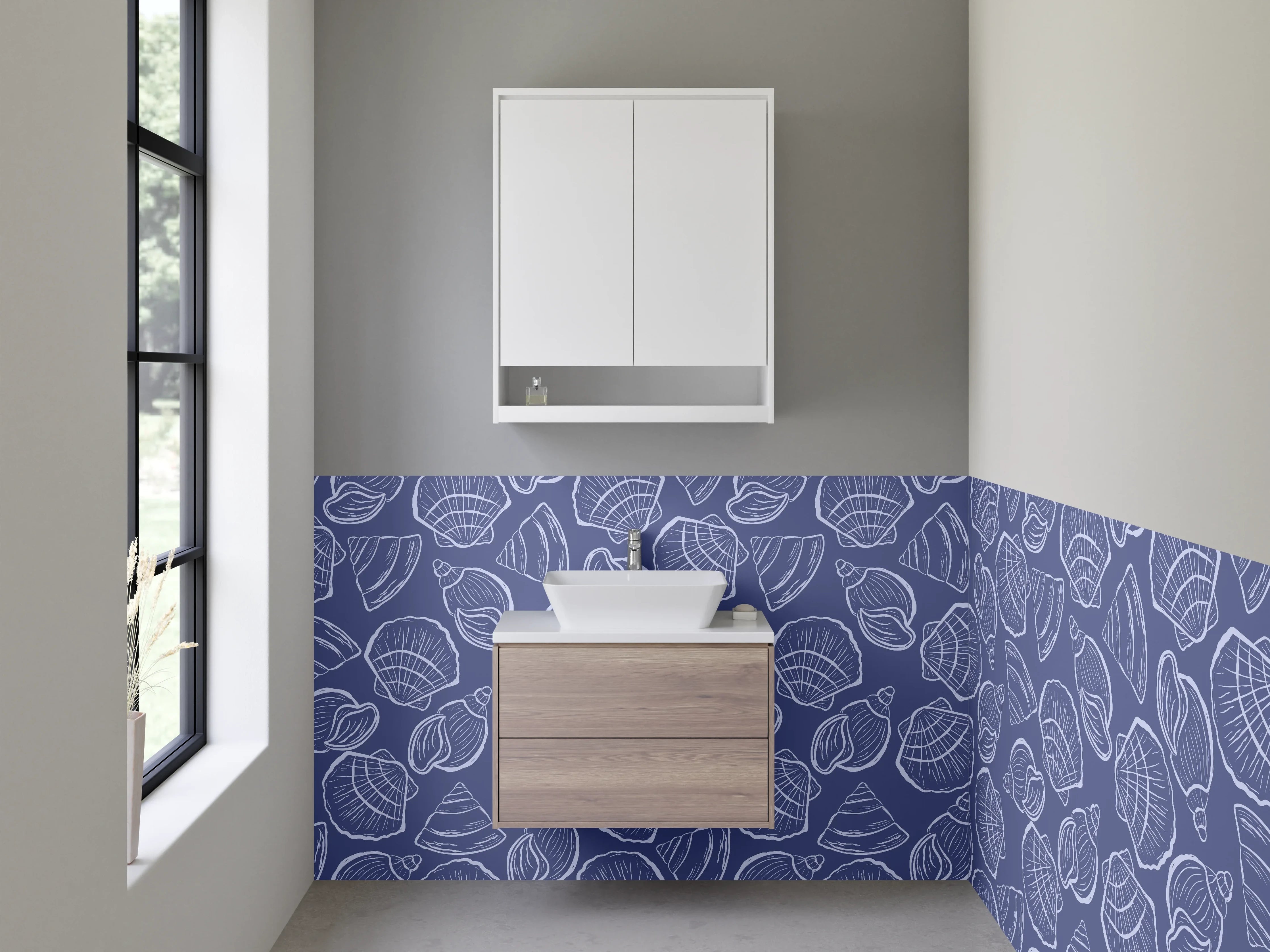 Waschbecken-Rückwand - Navyblaues Meeresmuster mit Muscheln