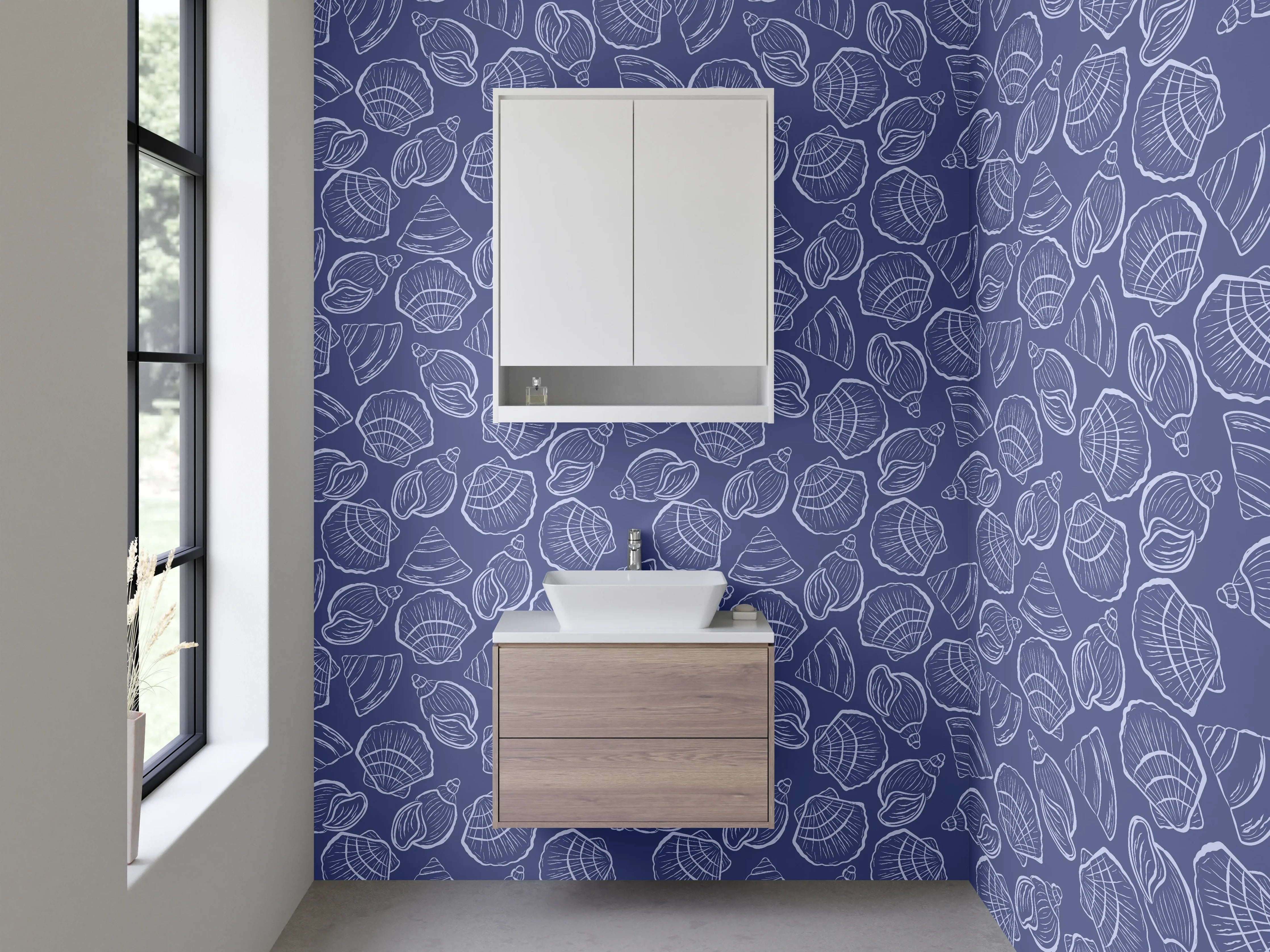 Waschbecken-Rückwand - Navyblaues Meeresmuster mit Muscheln