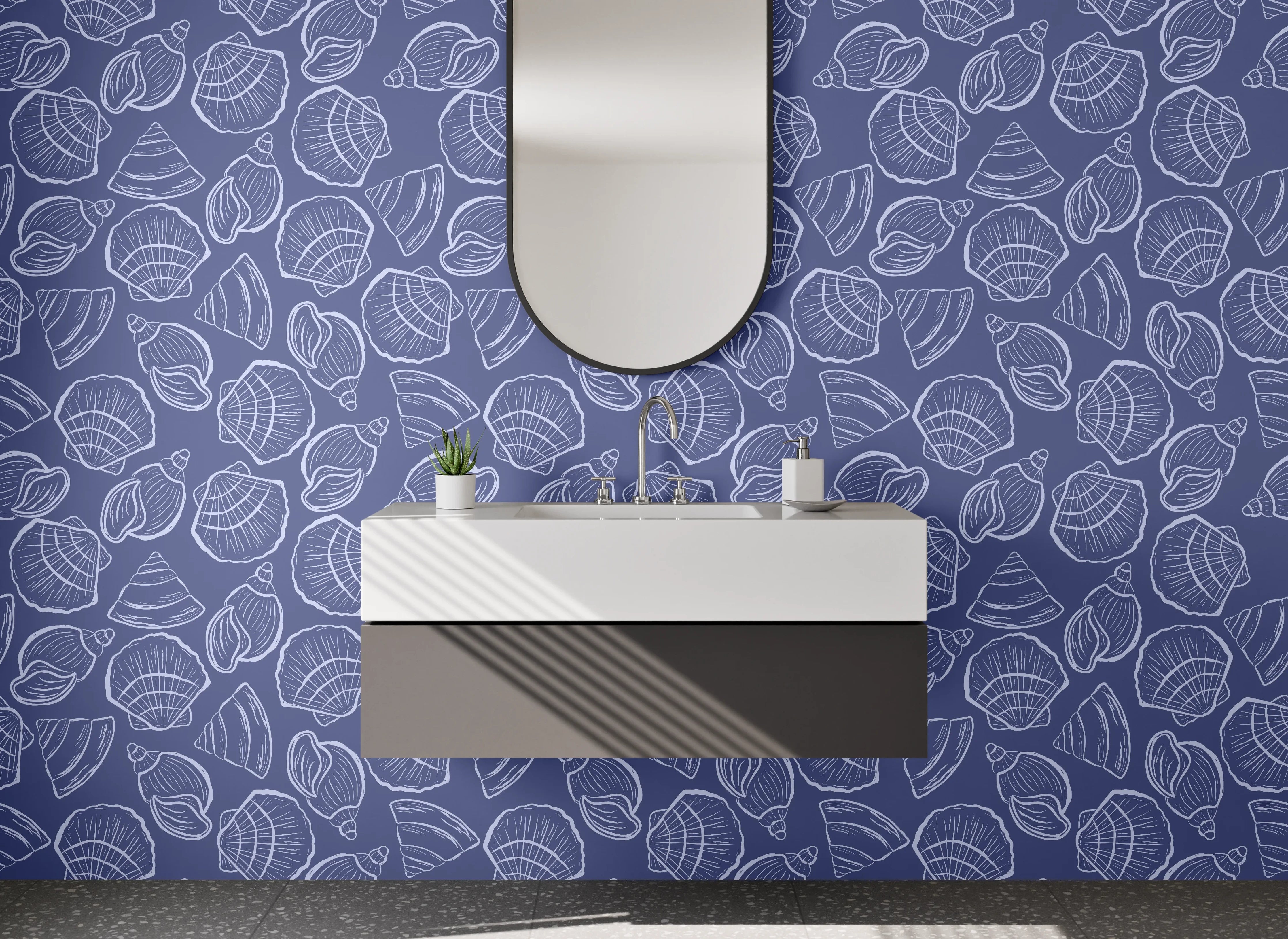 Waschbecken-Rückwand - Navyblaues Meeresmuster mit Muscheln