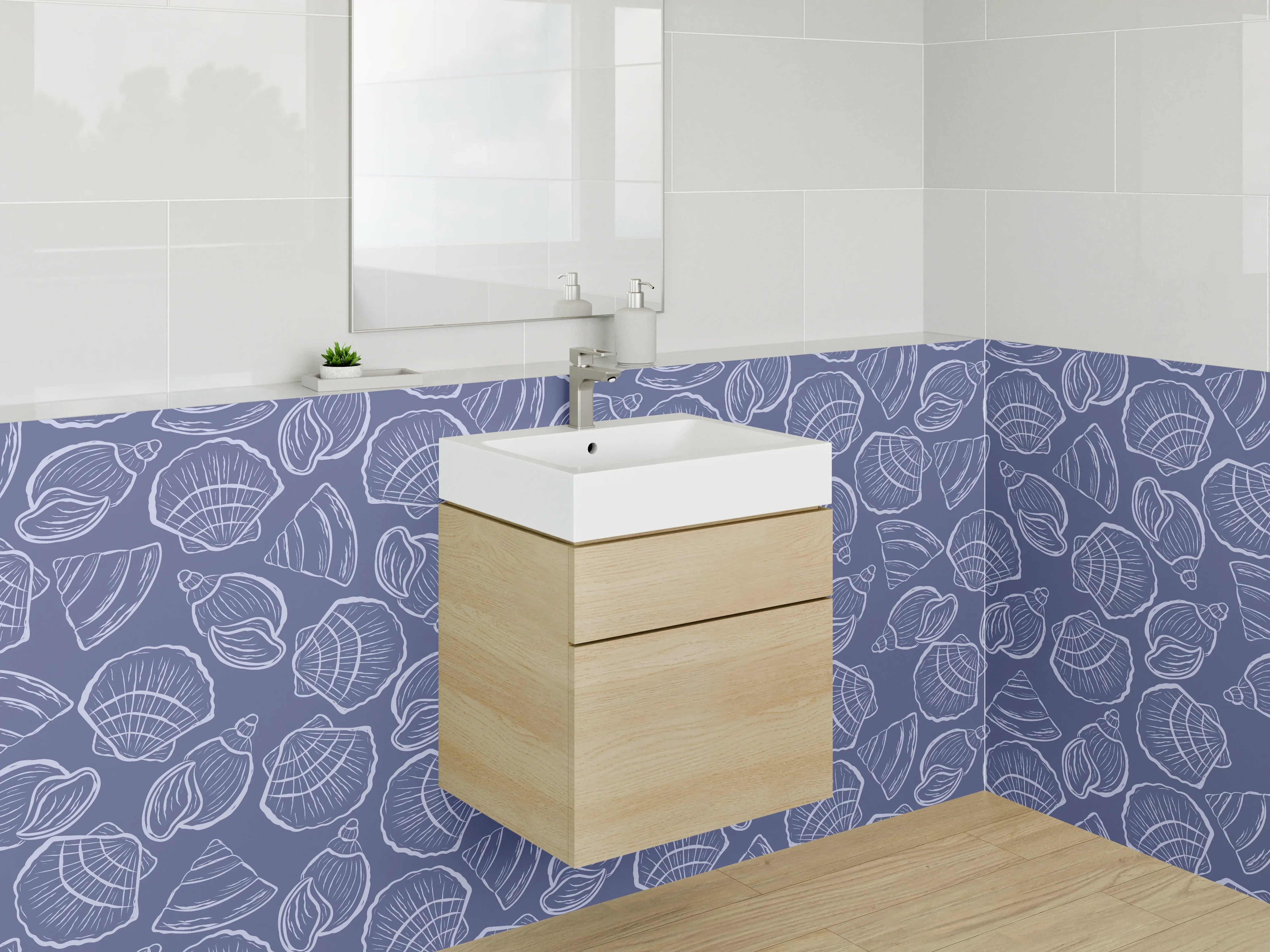 Waschbecken-Rückwand - Navyblaues Meeresmuster mit Muscheln