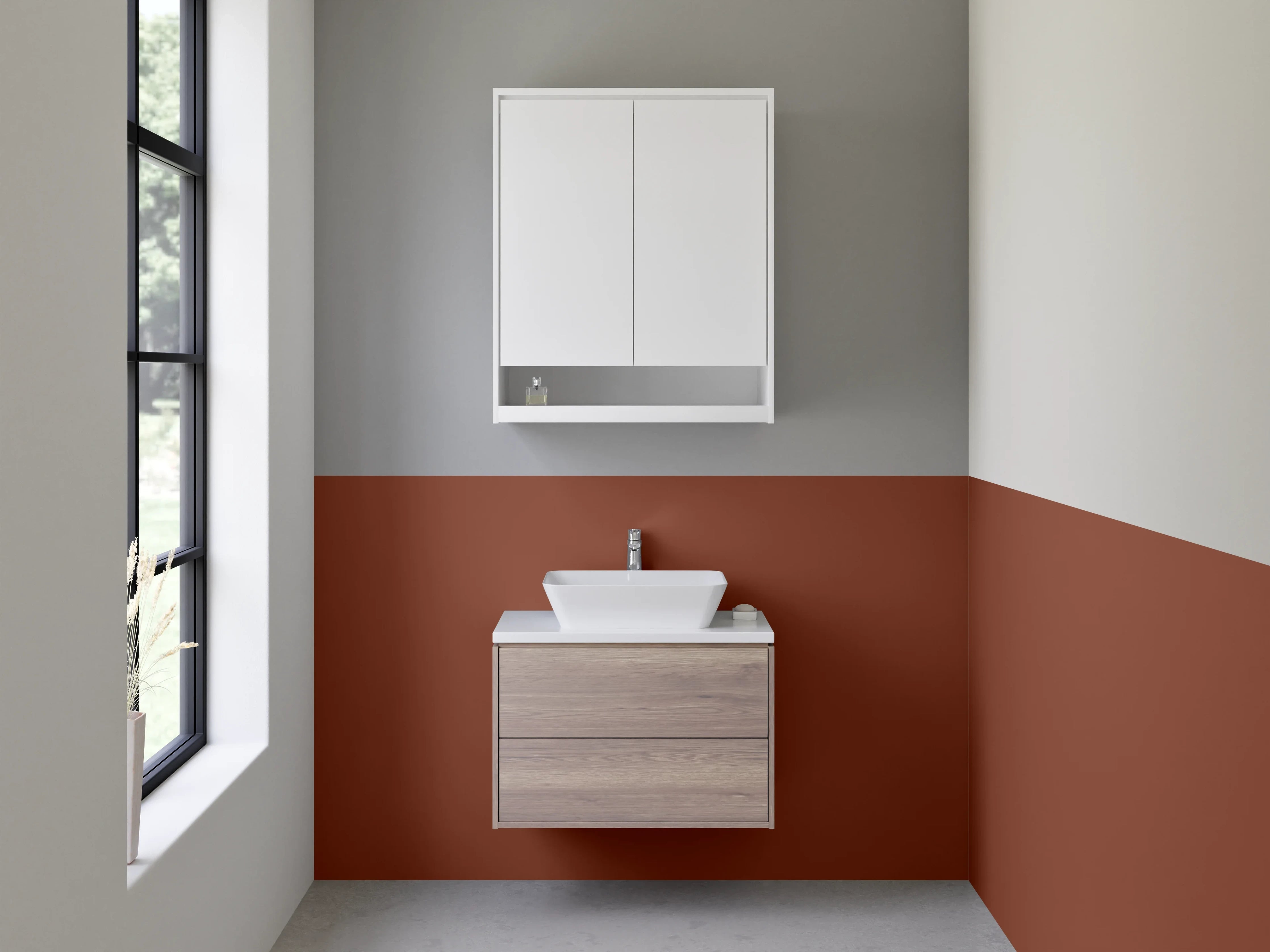 Waschbecken-Rückwand - Nebelgrau auf Perlweißbraun