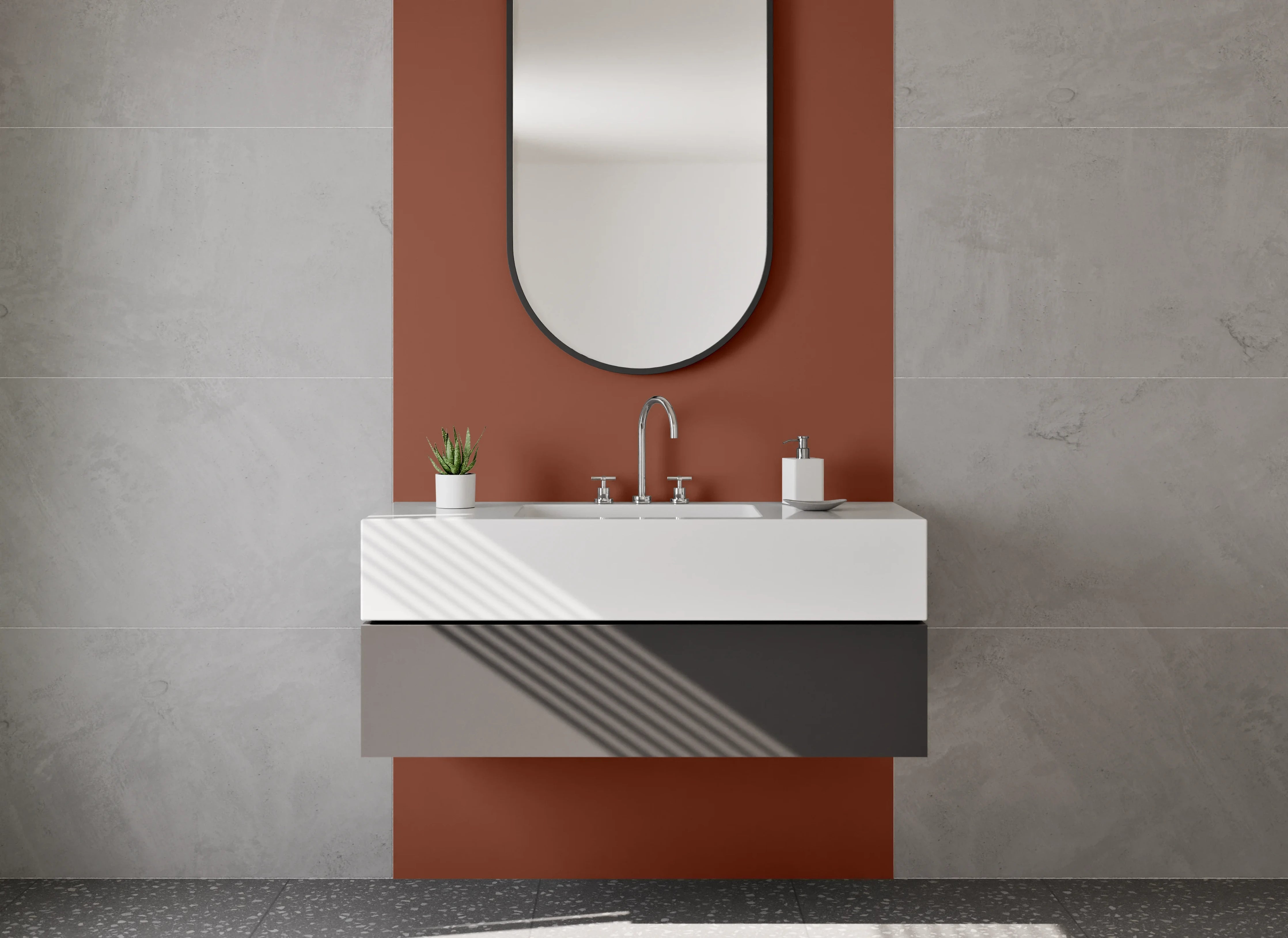 Waschbecken-Rückwand - Nebelgrau auf Perlweißbraun