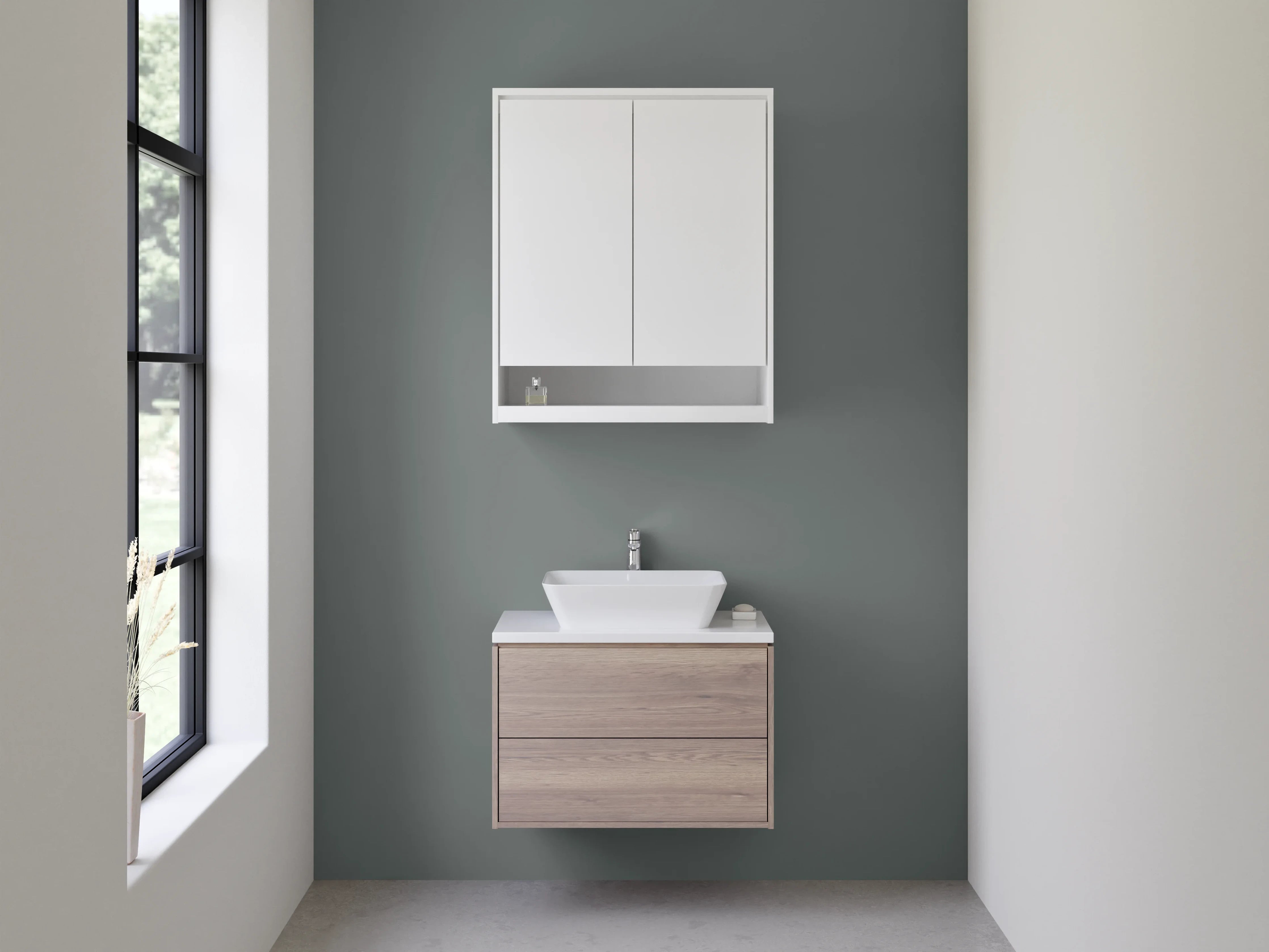 Waschbecken-Rückwand - Nebelgrau auf weißem Grund