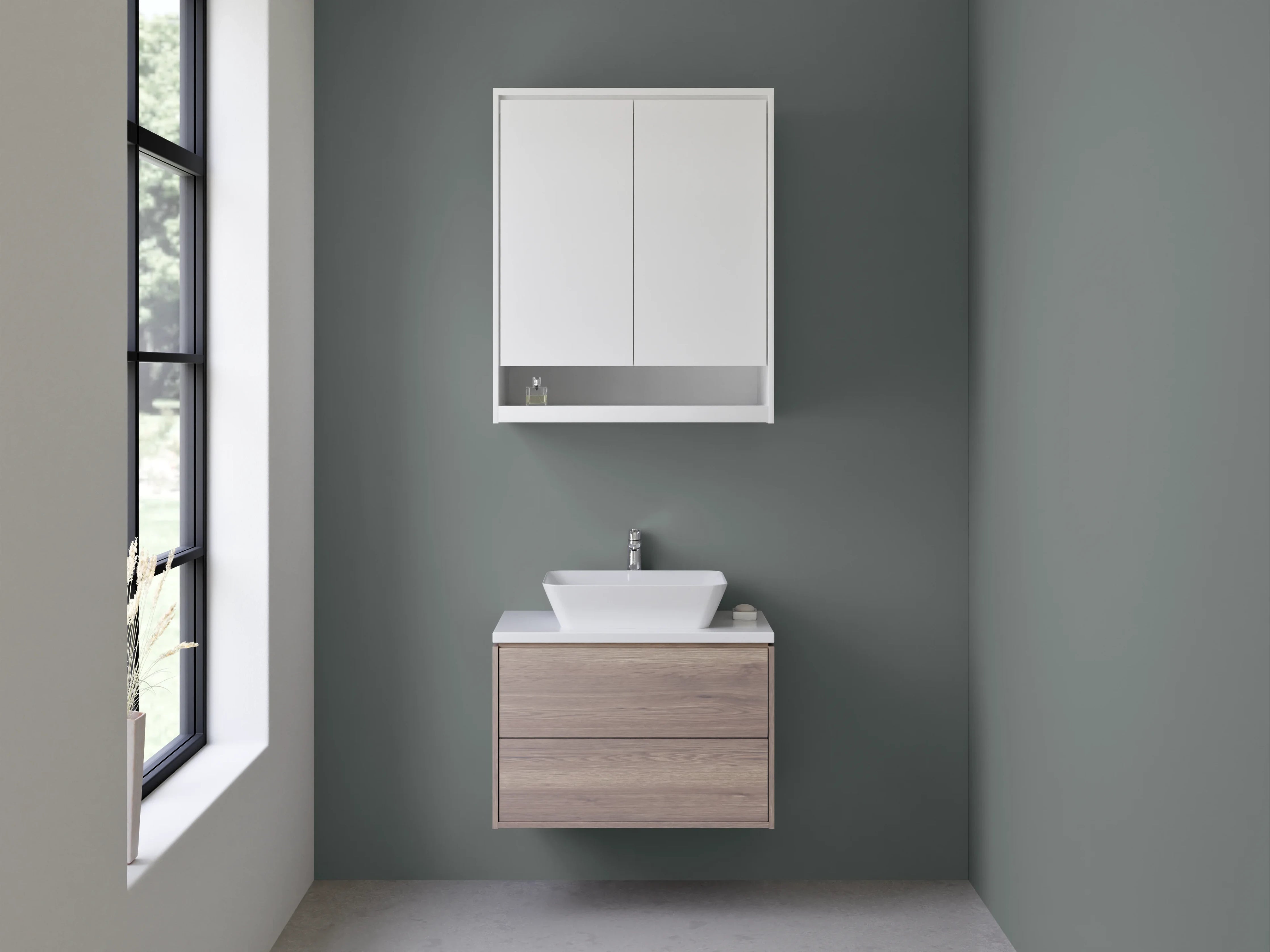 Waschbecken-Rückwand - Nebelgrau auf weißem Grund