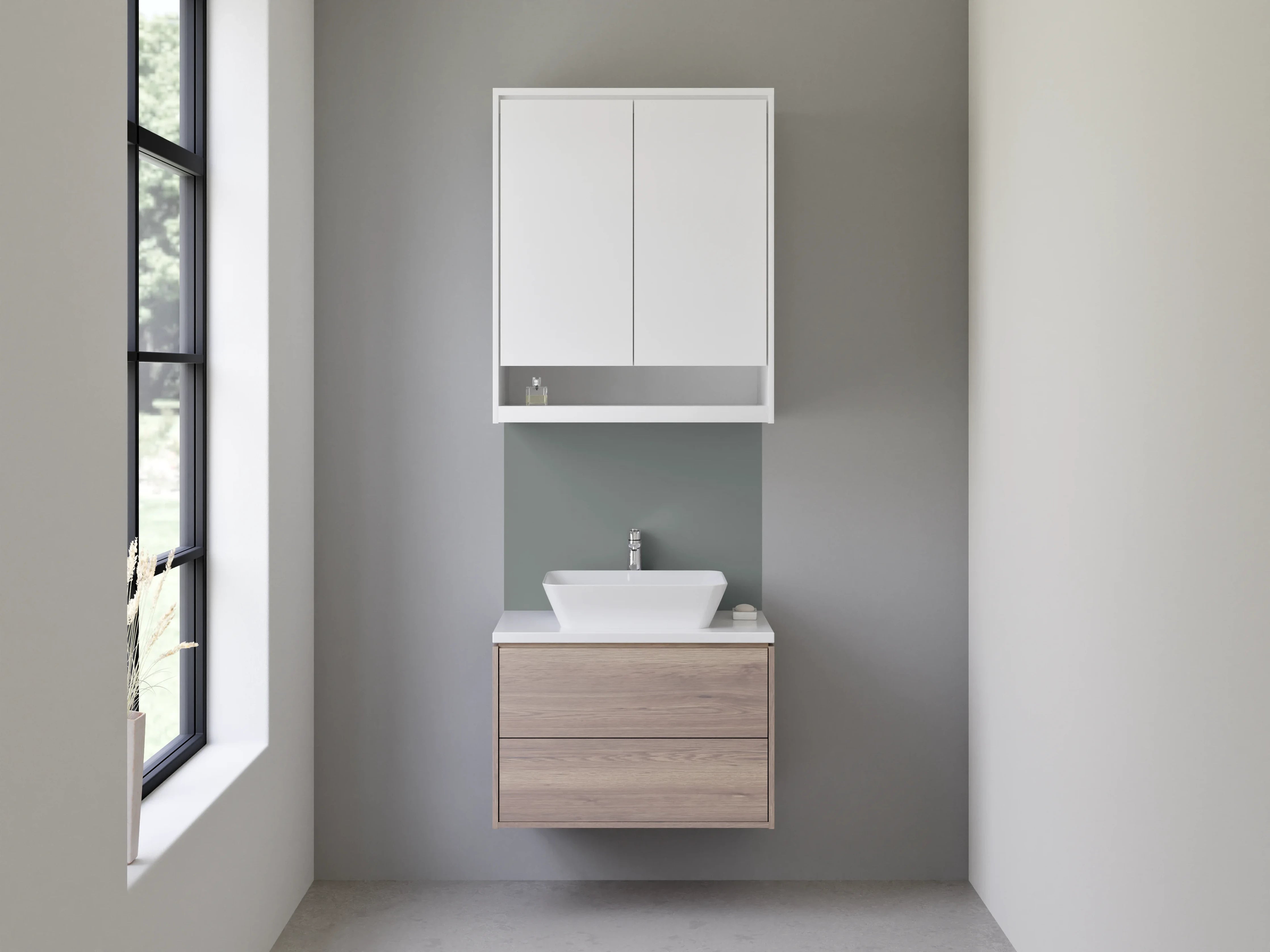 Waschbecken-Rückwand - Nebelgrau auf weißem Grund