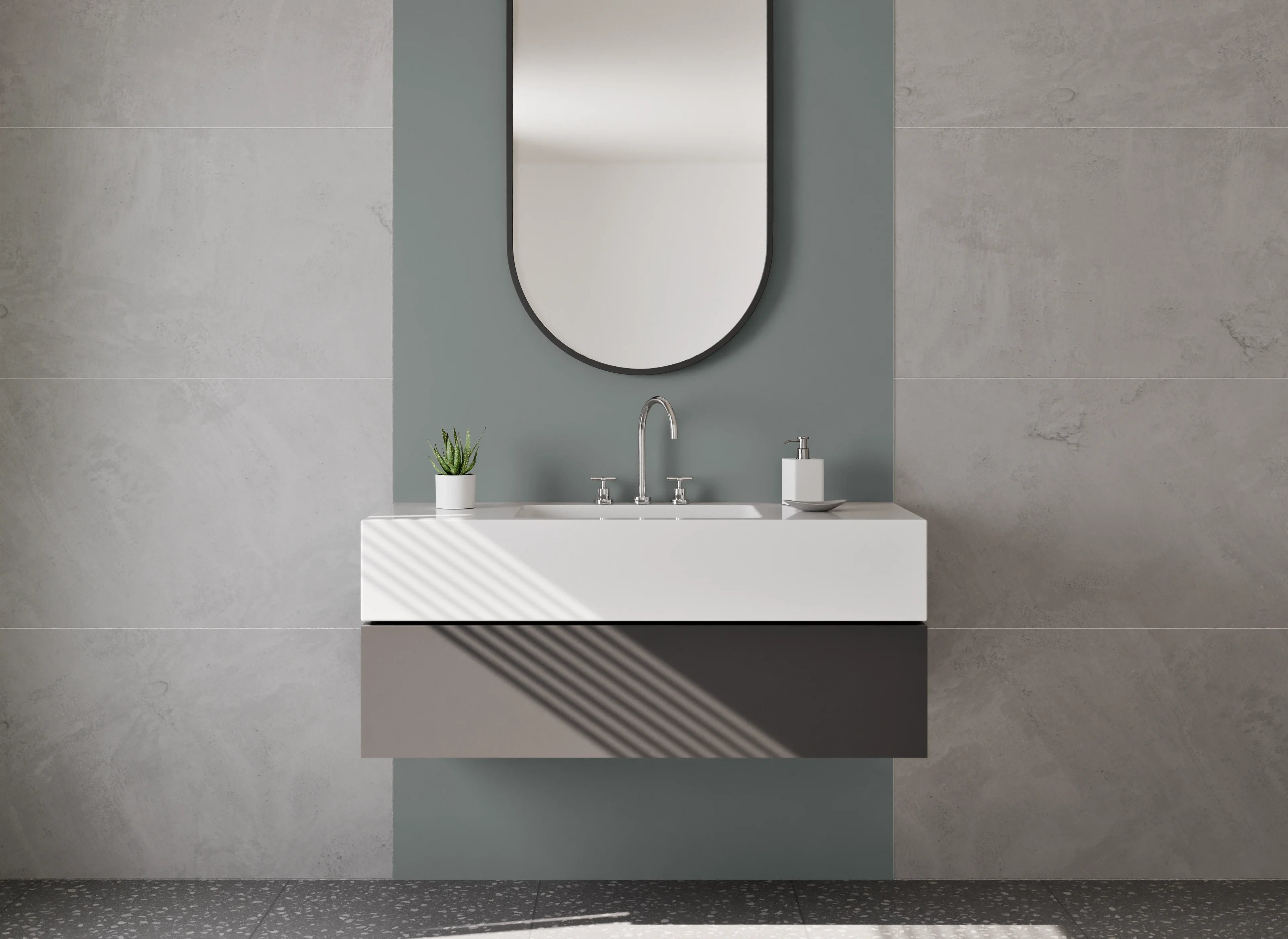 Waschbecken-Rückwand - Nebelgrau auf weißem Grund