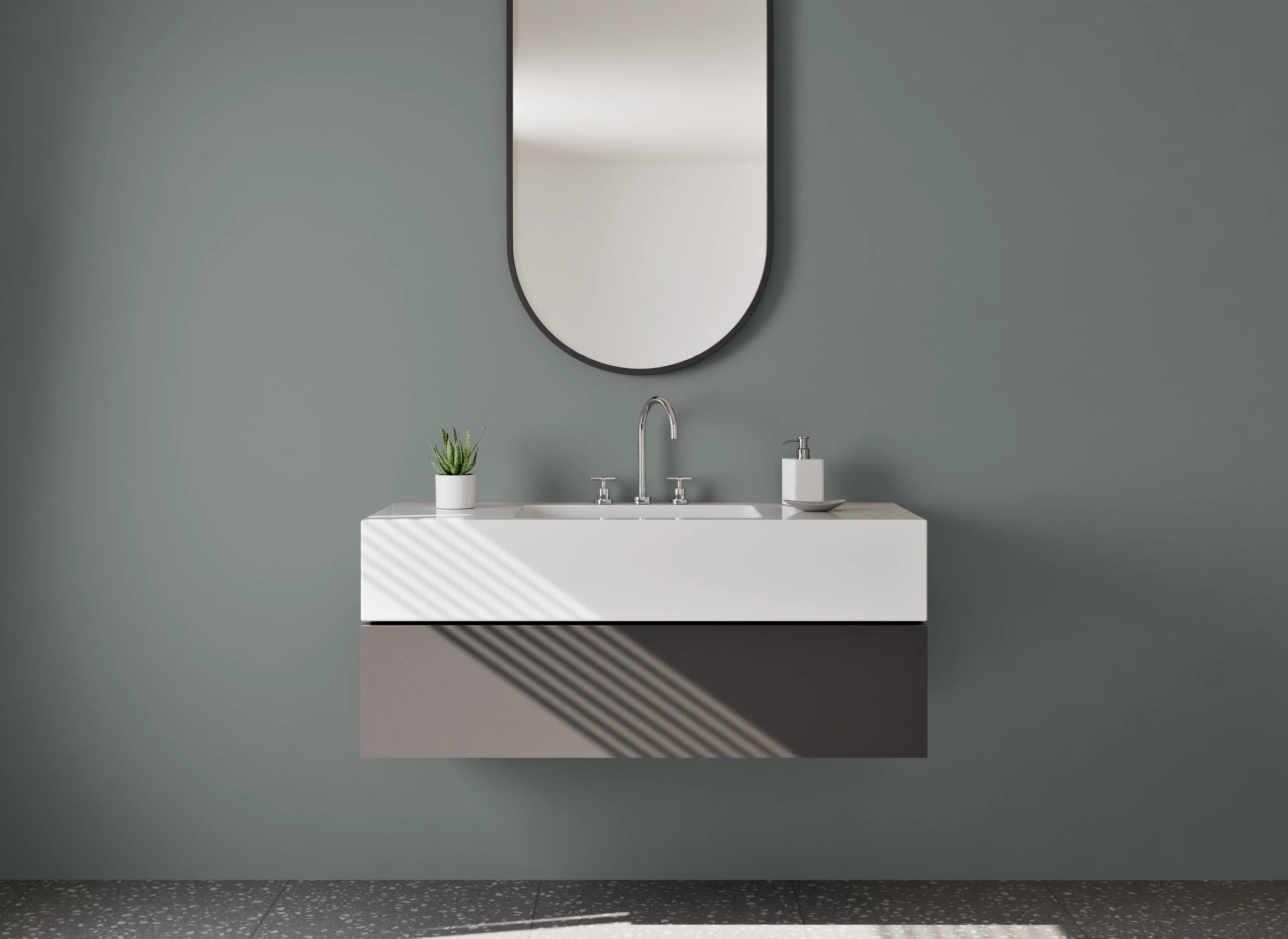 Waschbecken-Rückwand - Nebelgrau auf weißem Grund