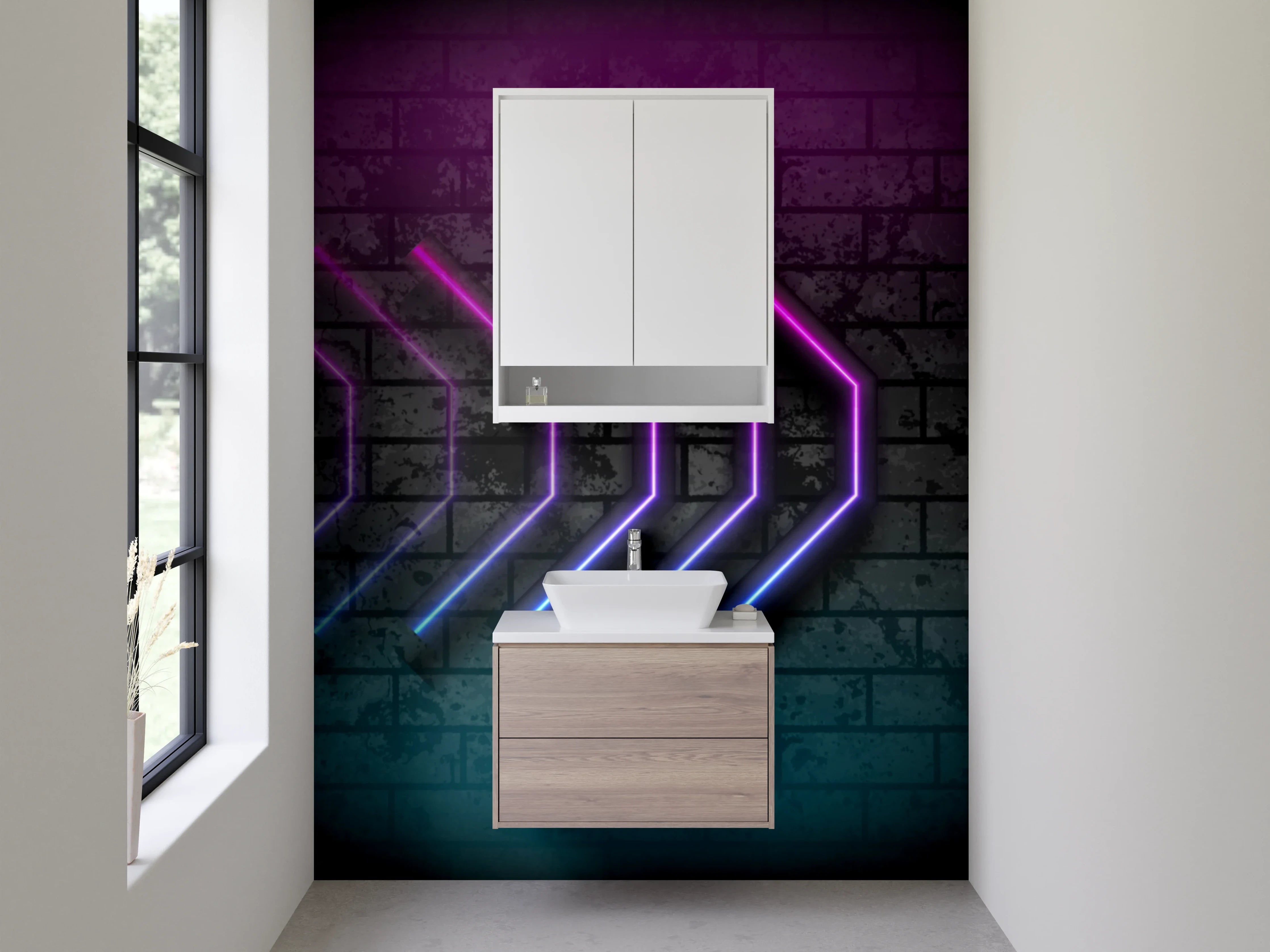 Waschbecken-Rückwand - Neon-Pfeile auf Backstein – Retro-Look