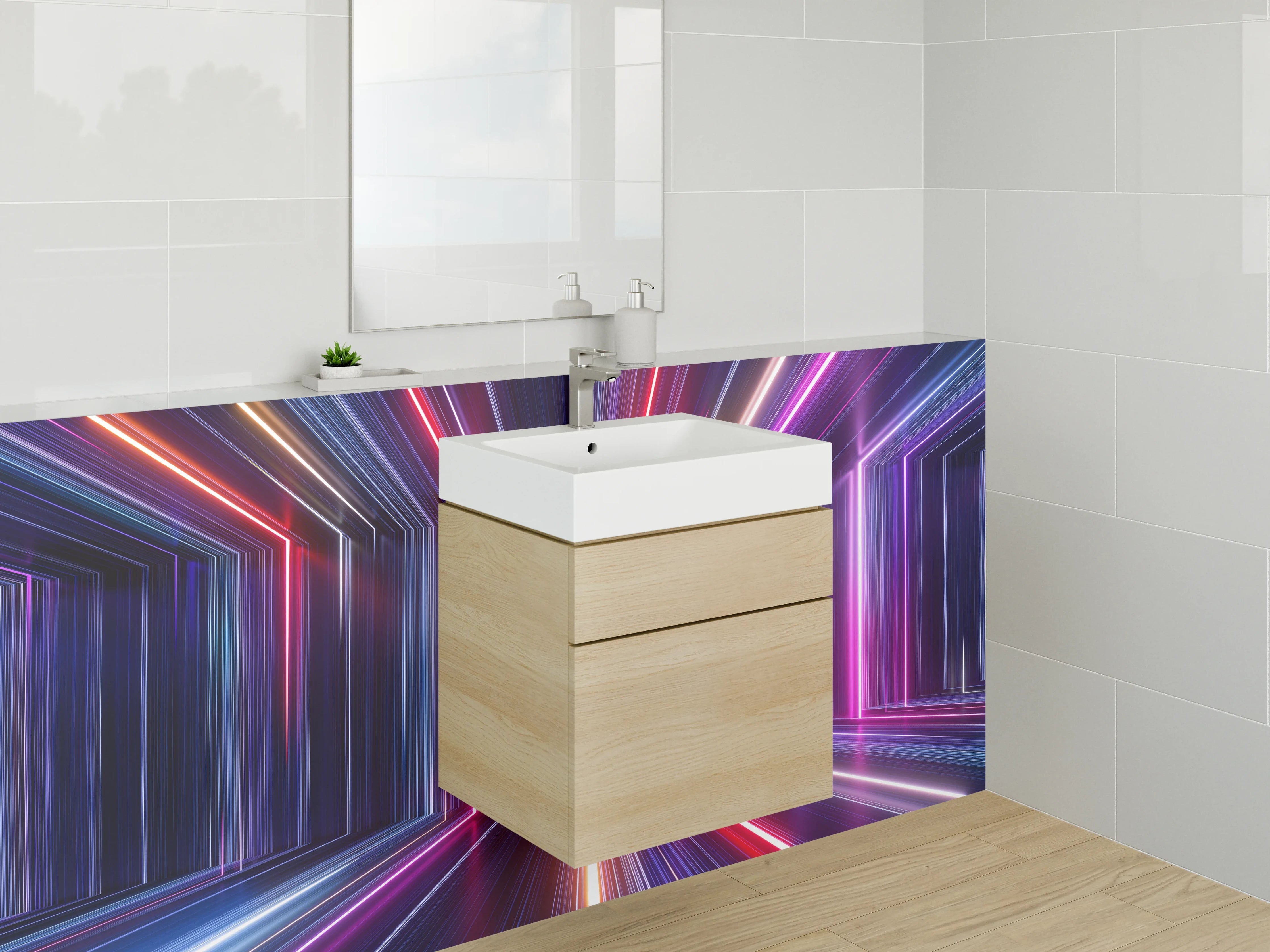 Waschbecken-Rückwand - Neonlinien in grauweißer Abstraktion