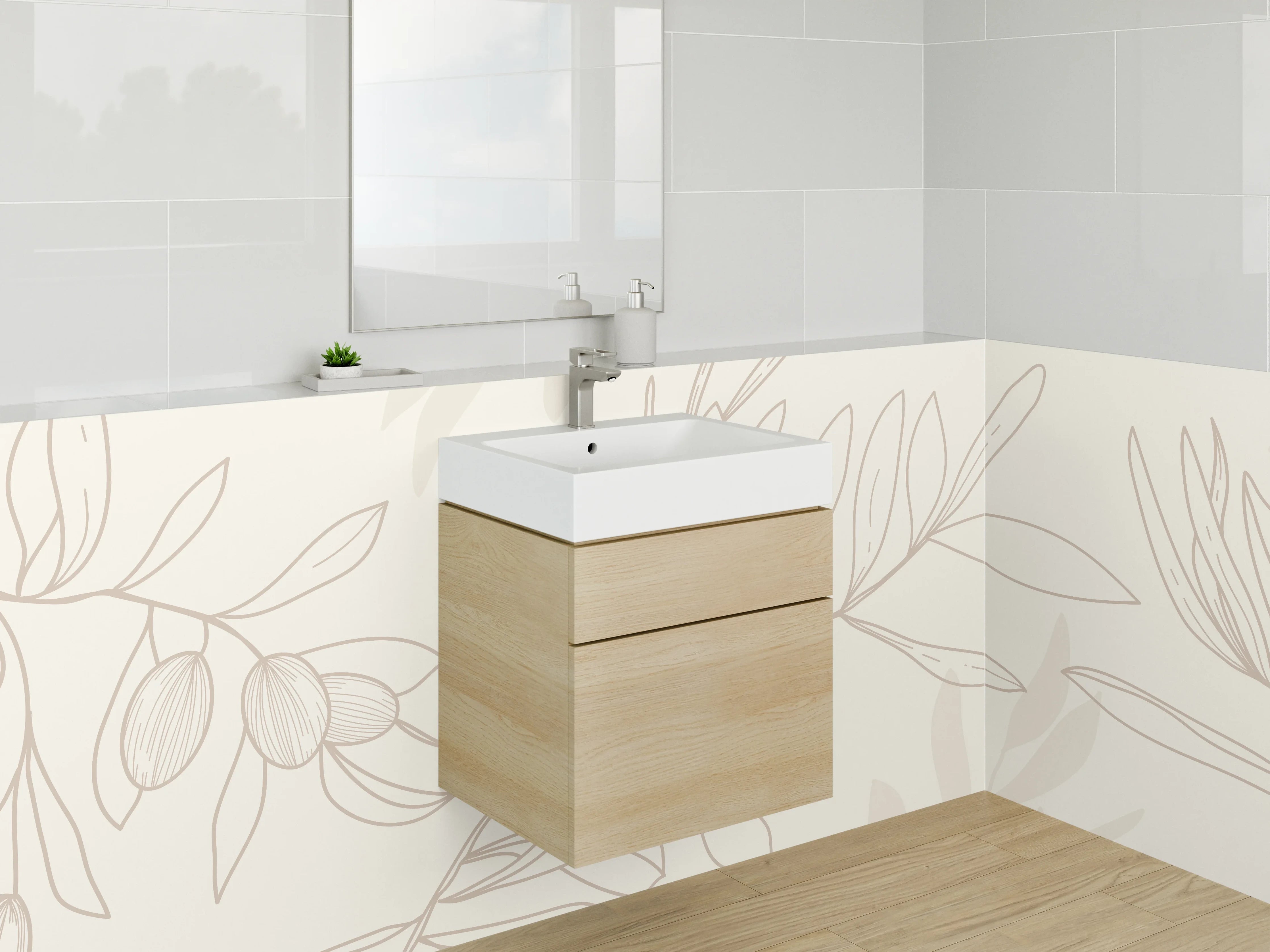 Waschbecken-Rückwand - Olivenzweige Lineart Beige Weiß