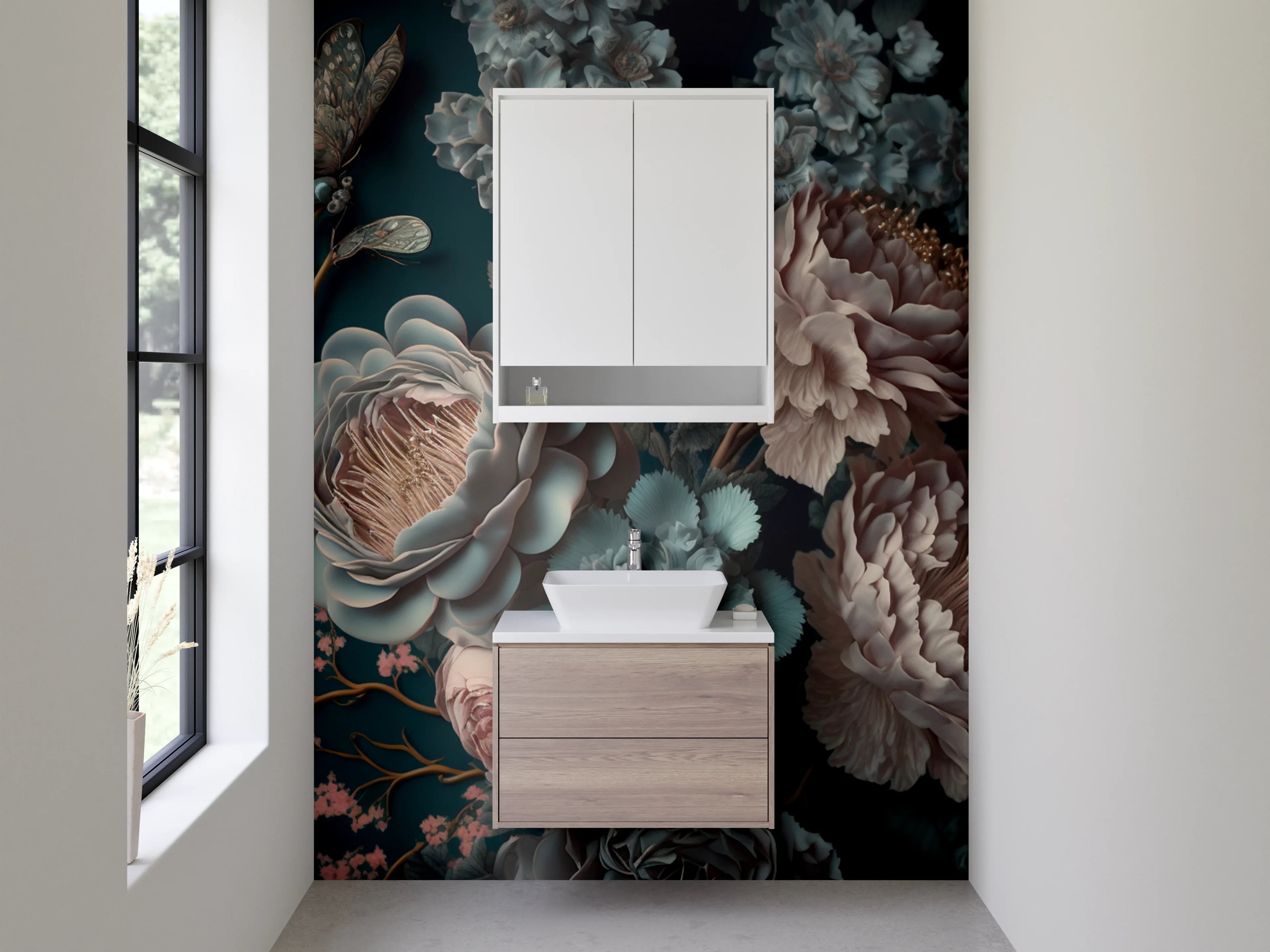 Waschbecken-Rückwand - Opulentes Blumen-Aquarell auf Dunkelgrün