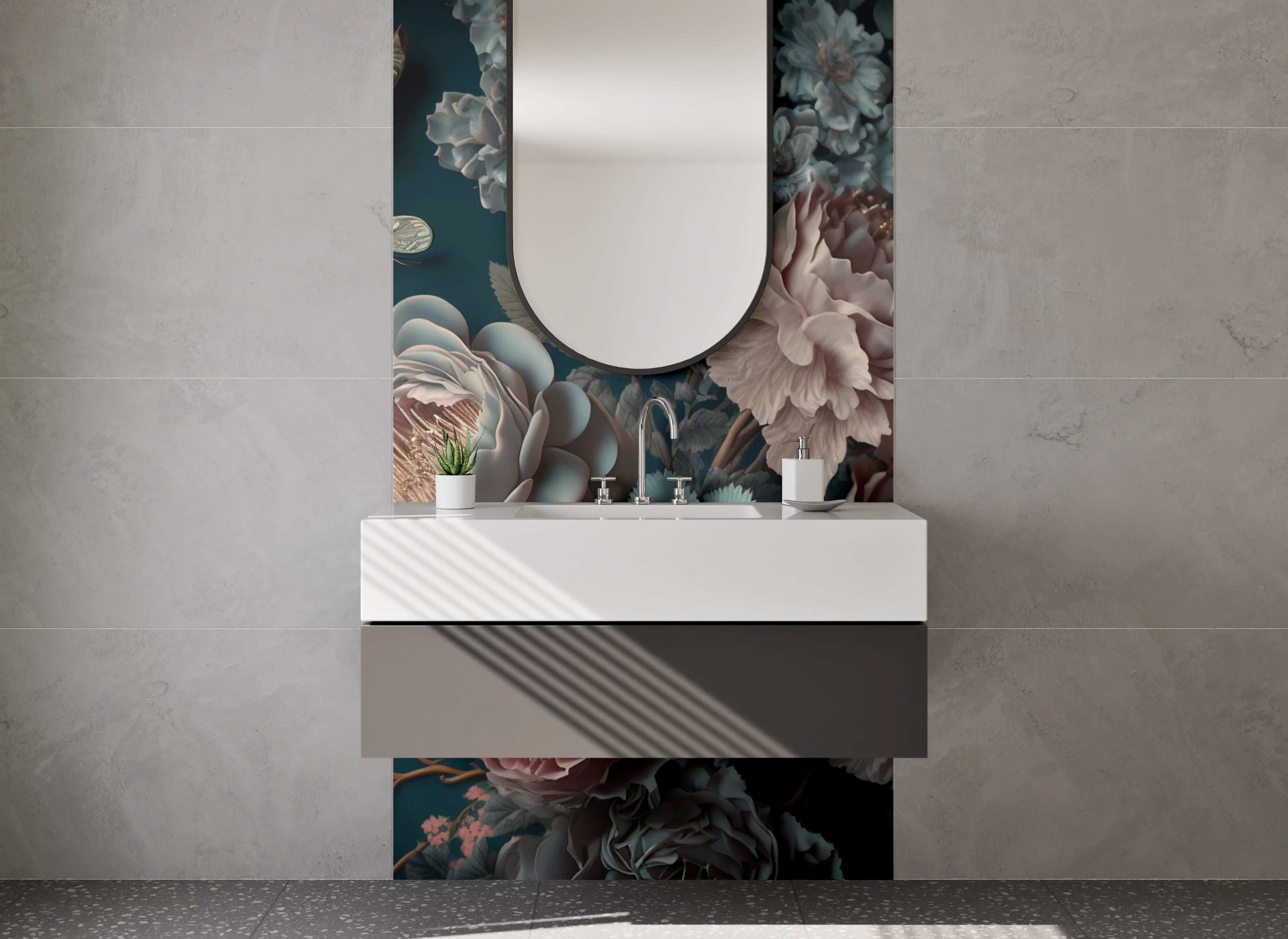 Waschbecken-Rückwand - Opulentes Blumen-Aquarell auf Dunkelgrün