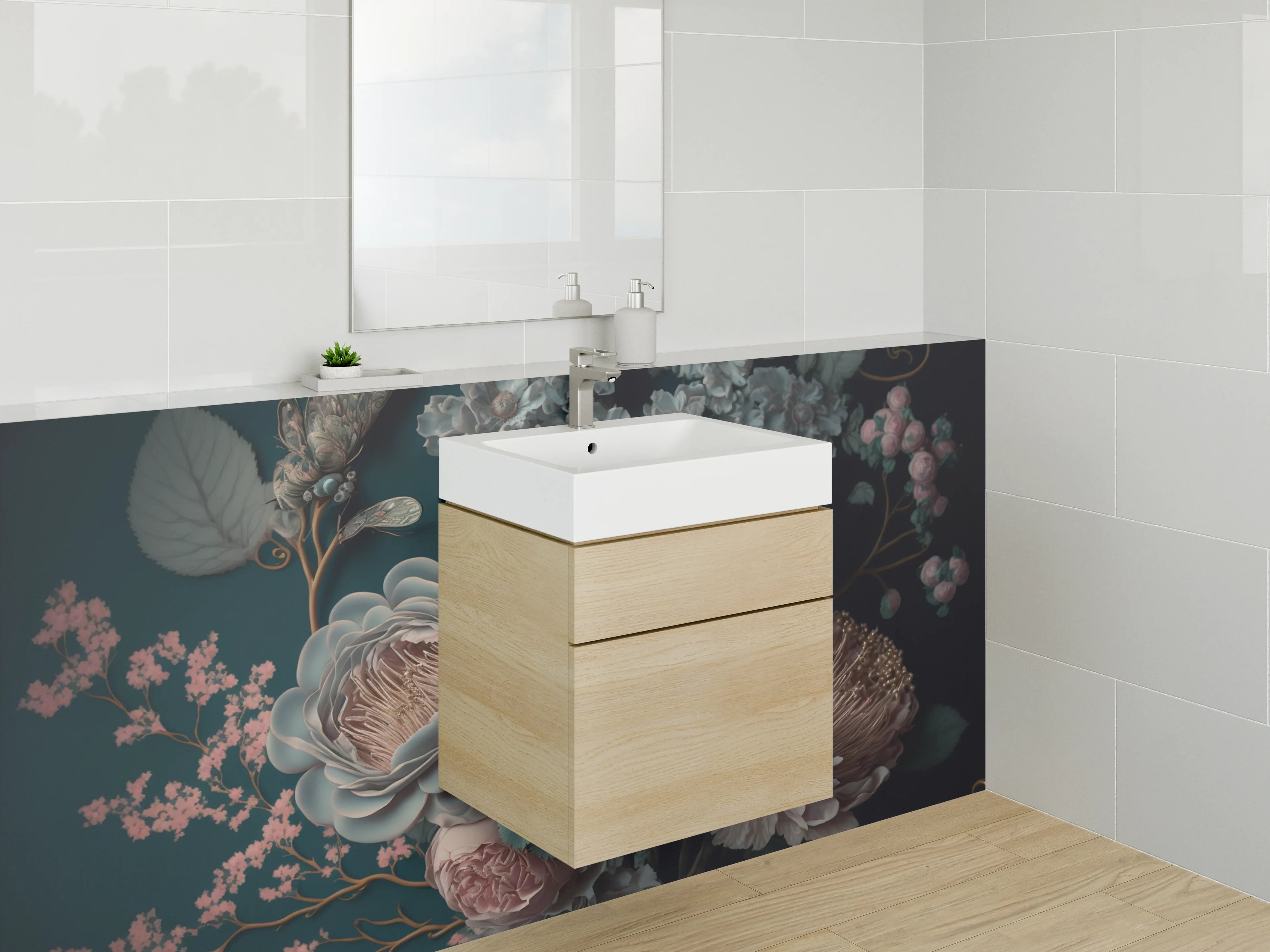 Waschbecken-Rückwand - Opulentes Blumen-Aquarell auf Dunkelgrün