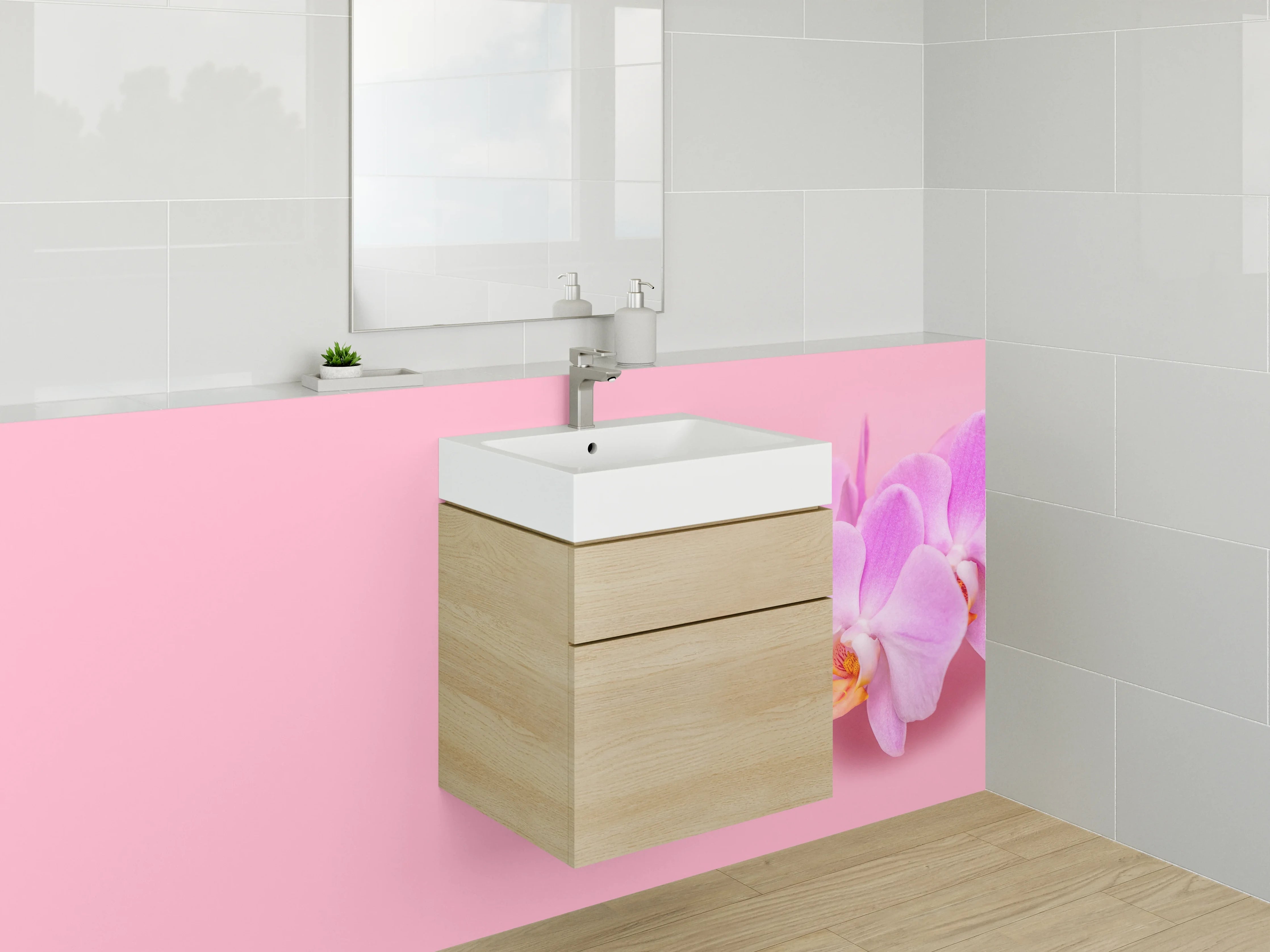 Waschbecken-Rückwand - Orchideenblüten auf Rosa