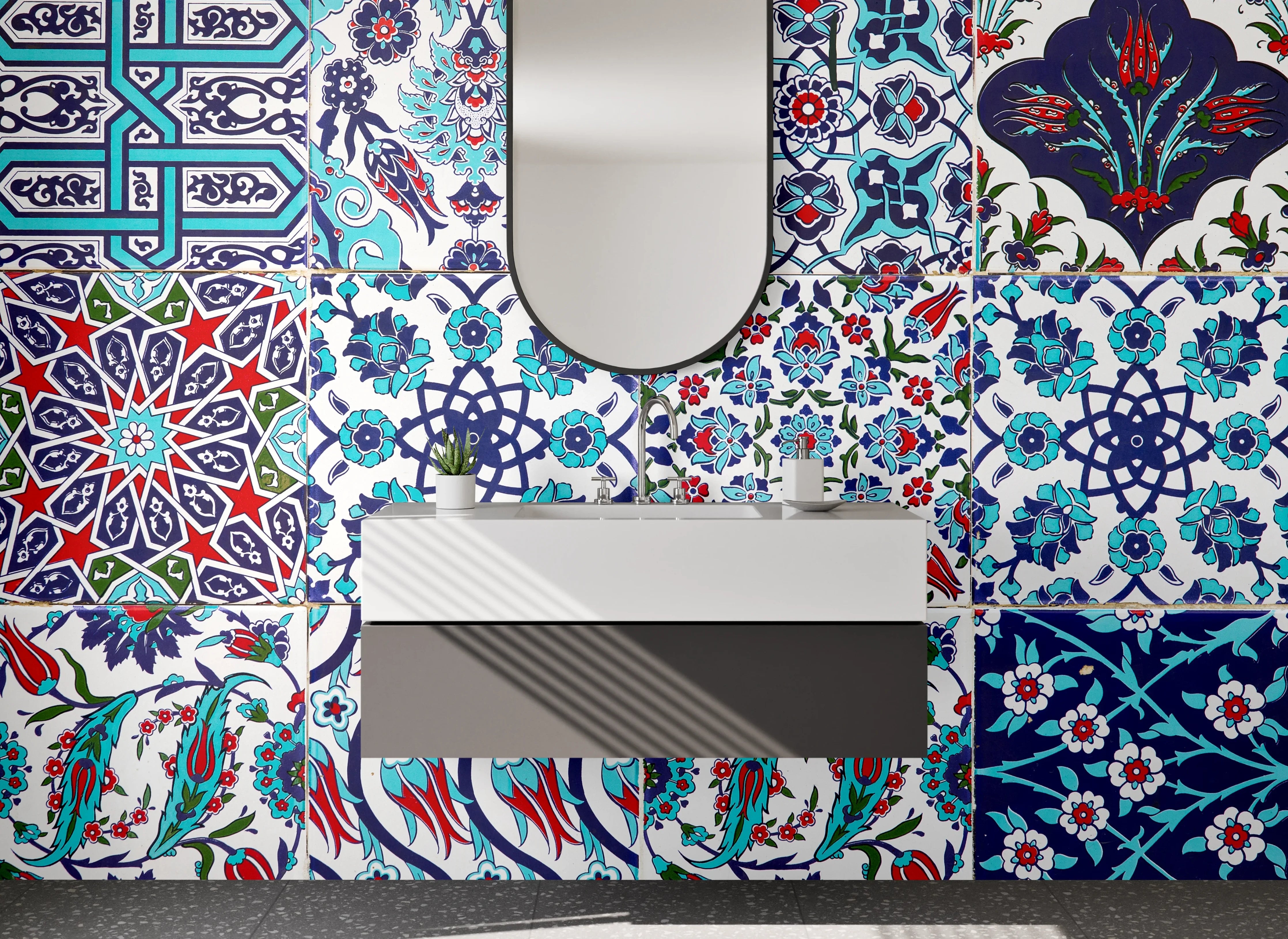 Waschbecken-Rückwand - Orientalische Fliesen Patchwork Blau Rot