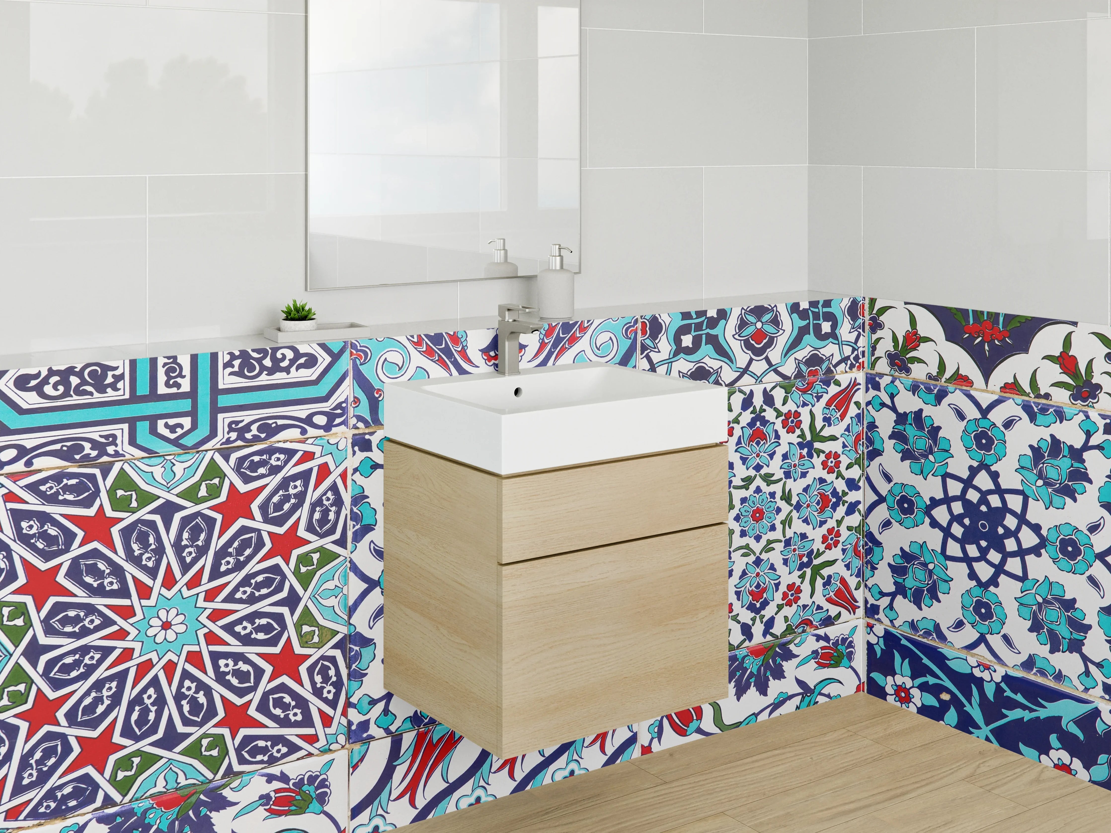 Waschbecken-Rückwand - Orientalische Fliesen Patchwork Blau Rot