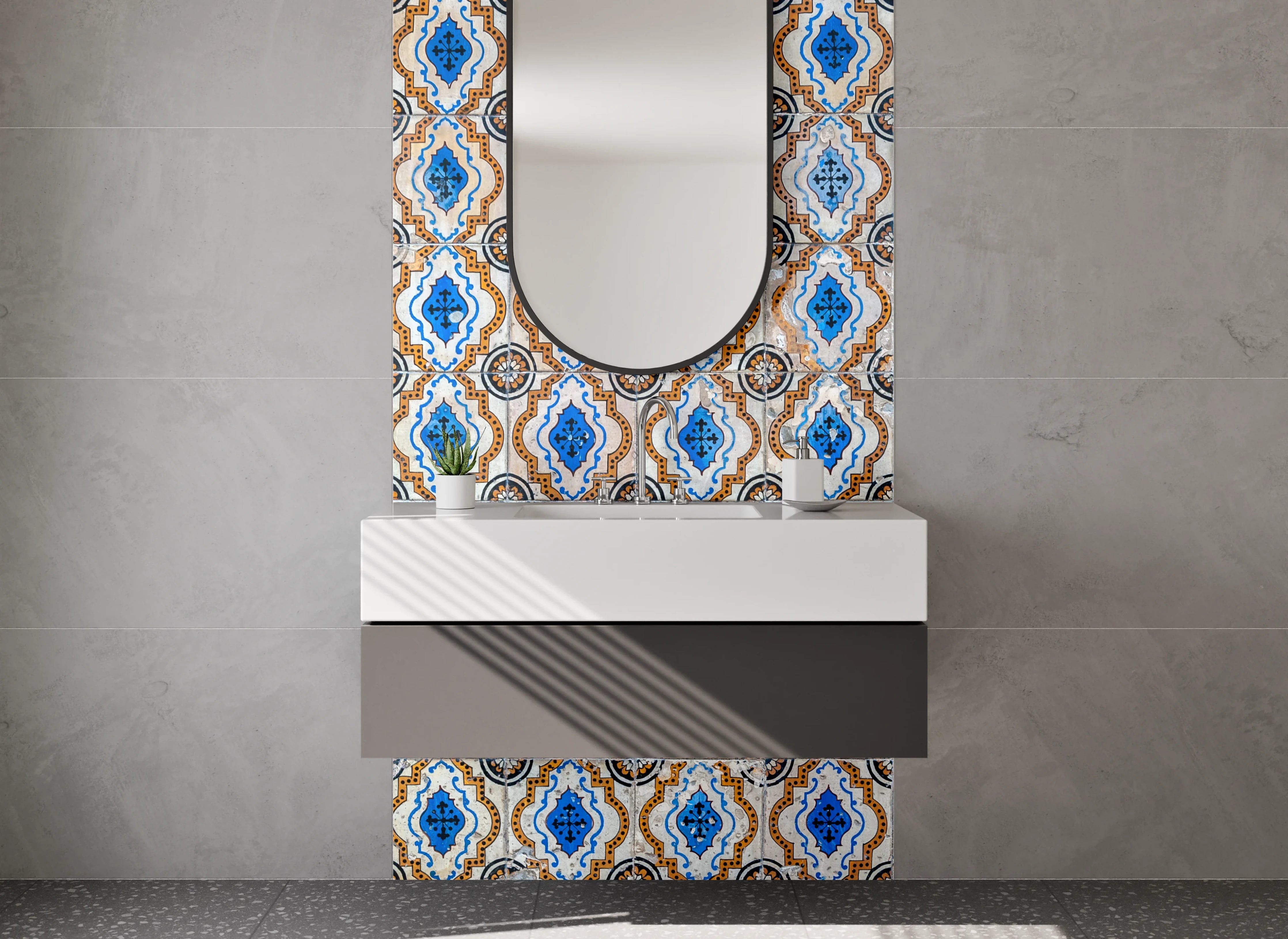 Waschbecken-Rückwand - Orientalische Fliesenmuster Blau Braun Modern