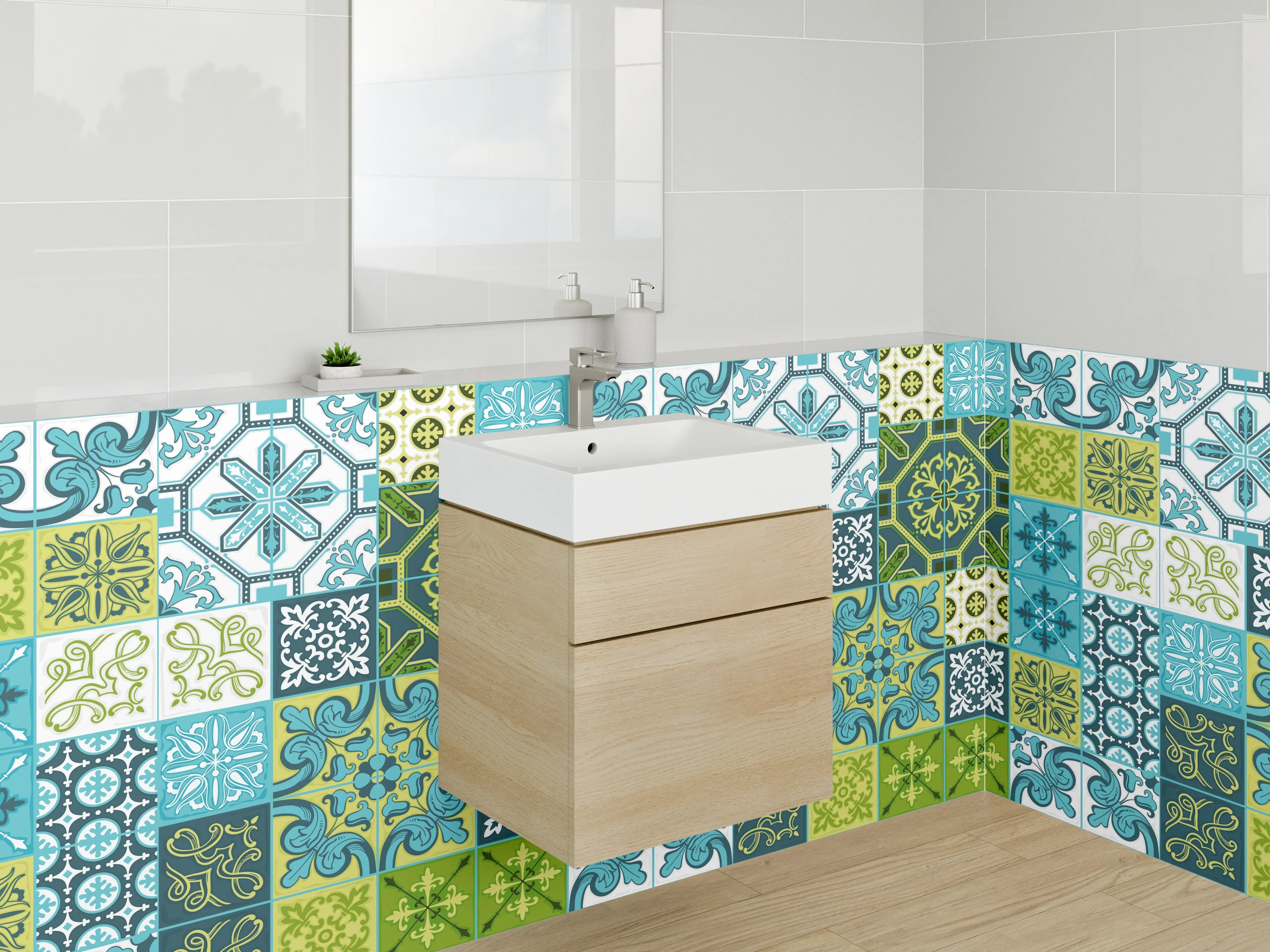 Waschbecken-Rückwand - Orientalische Fliesenmuster Blau Grün Retro