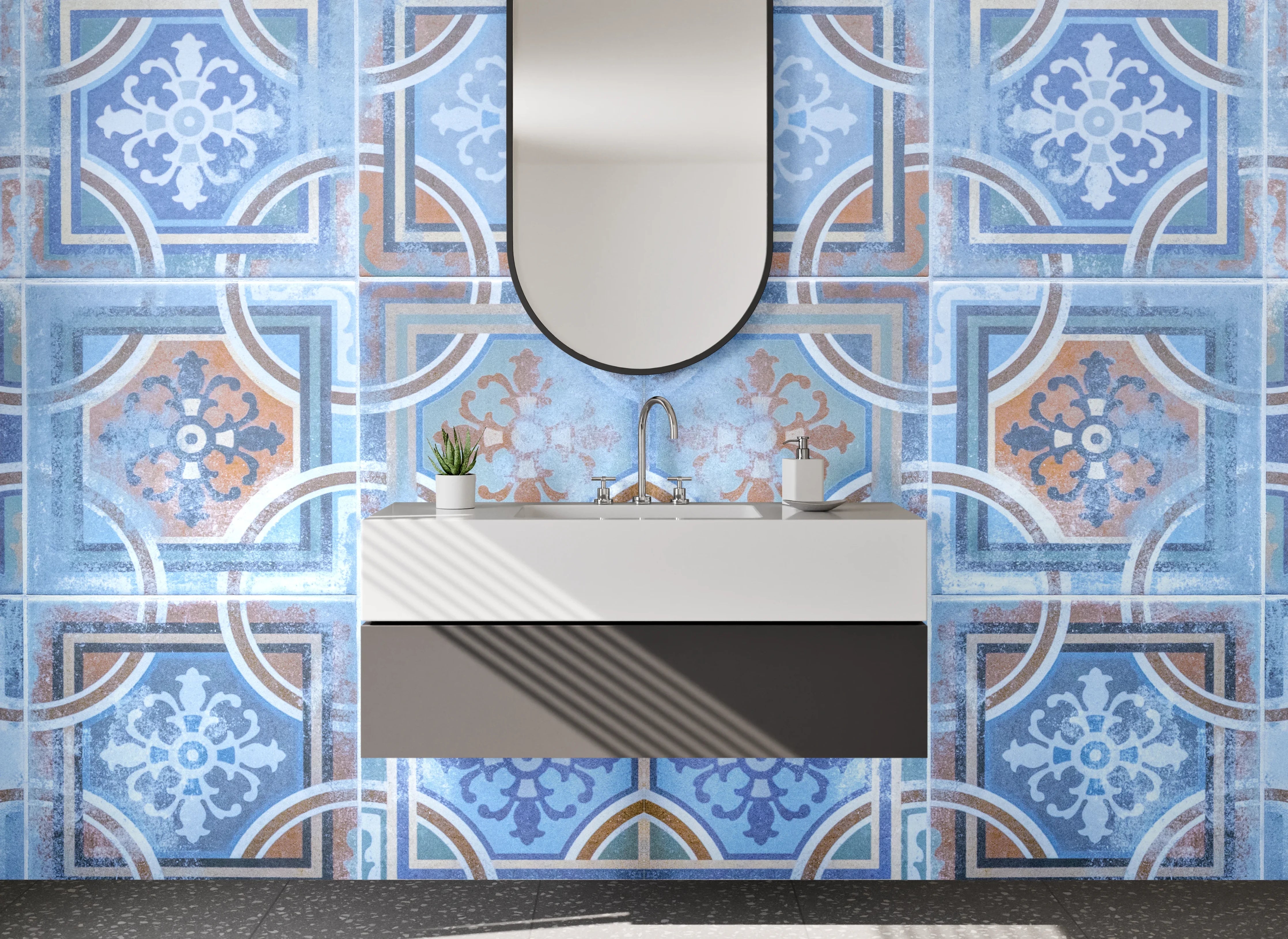 Waschbecken-Rückwand - Orientalische Fliesenmuster in Blau