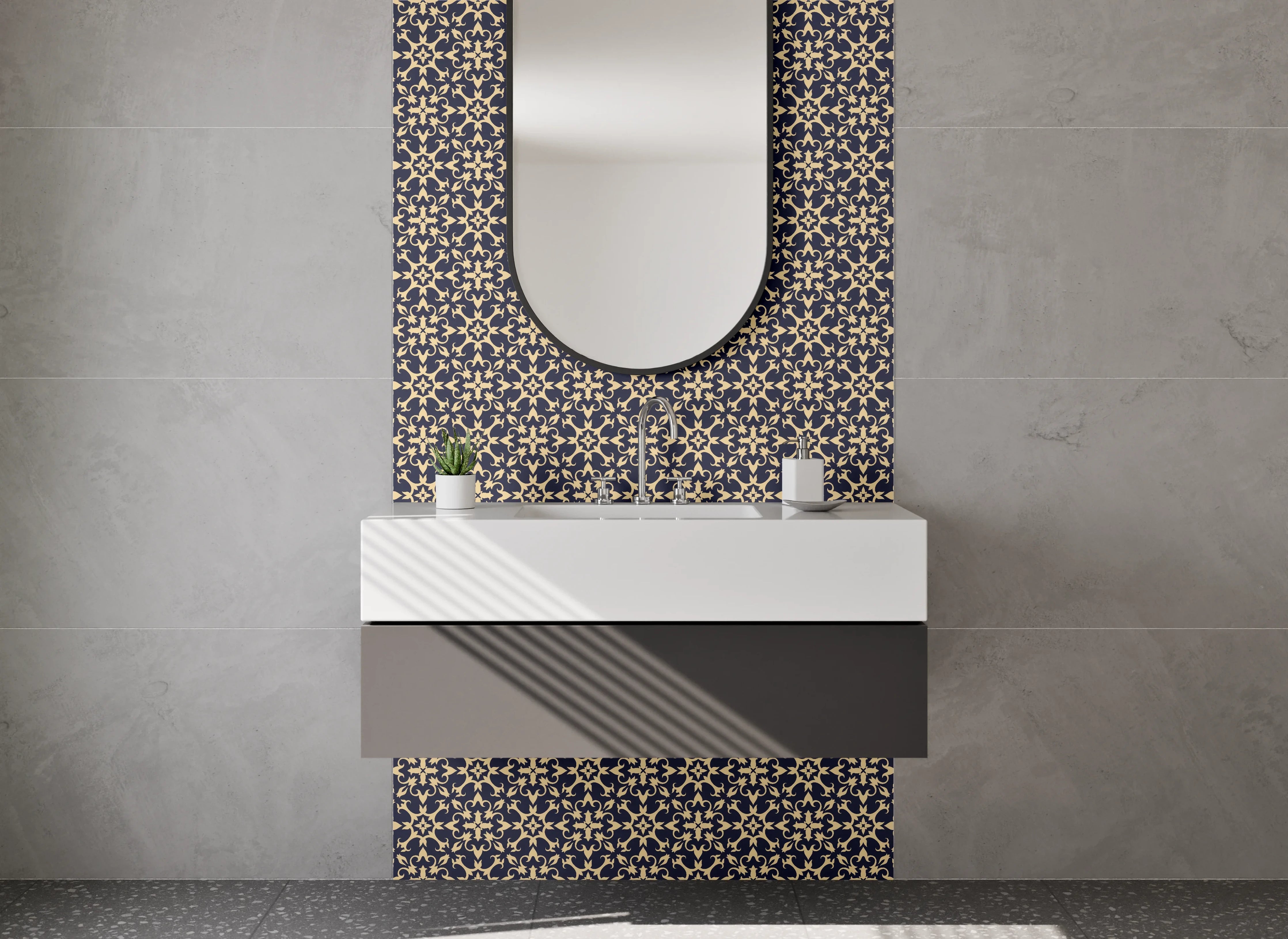 Waschbecken-Rückwand - Orientalisches Blumenmuster Blau Beige