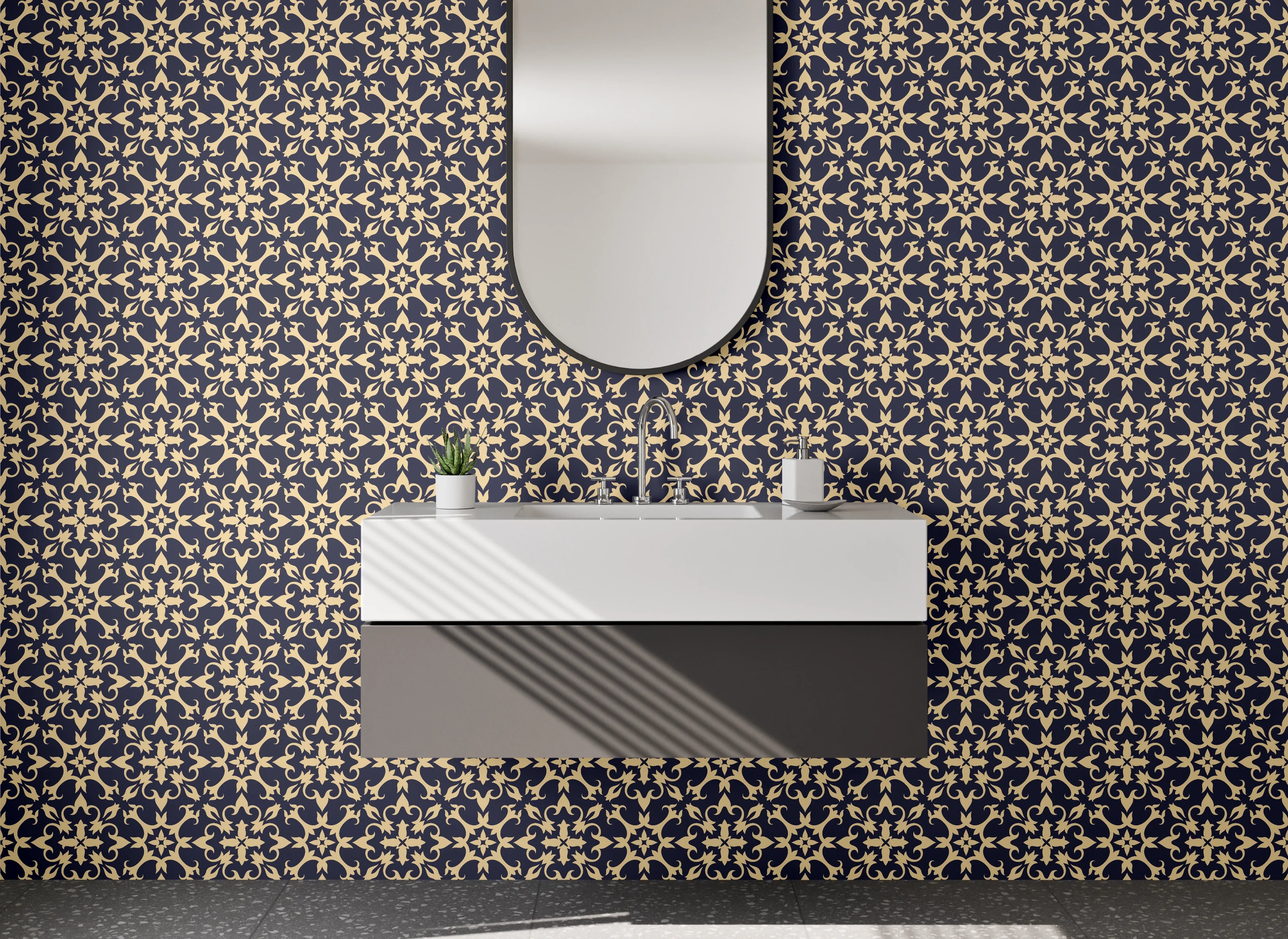 Waschbecken-Rückwand - Orientalisches Blumenmuster Blau Beige