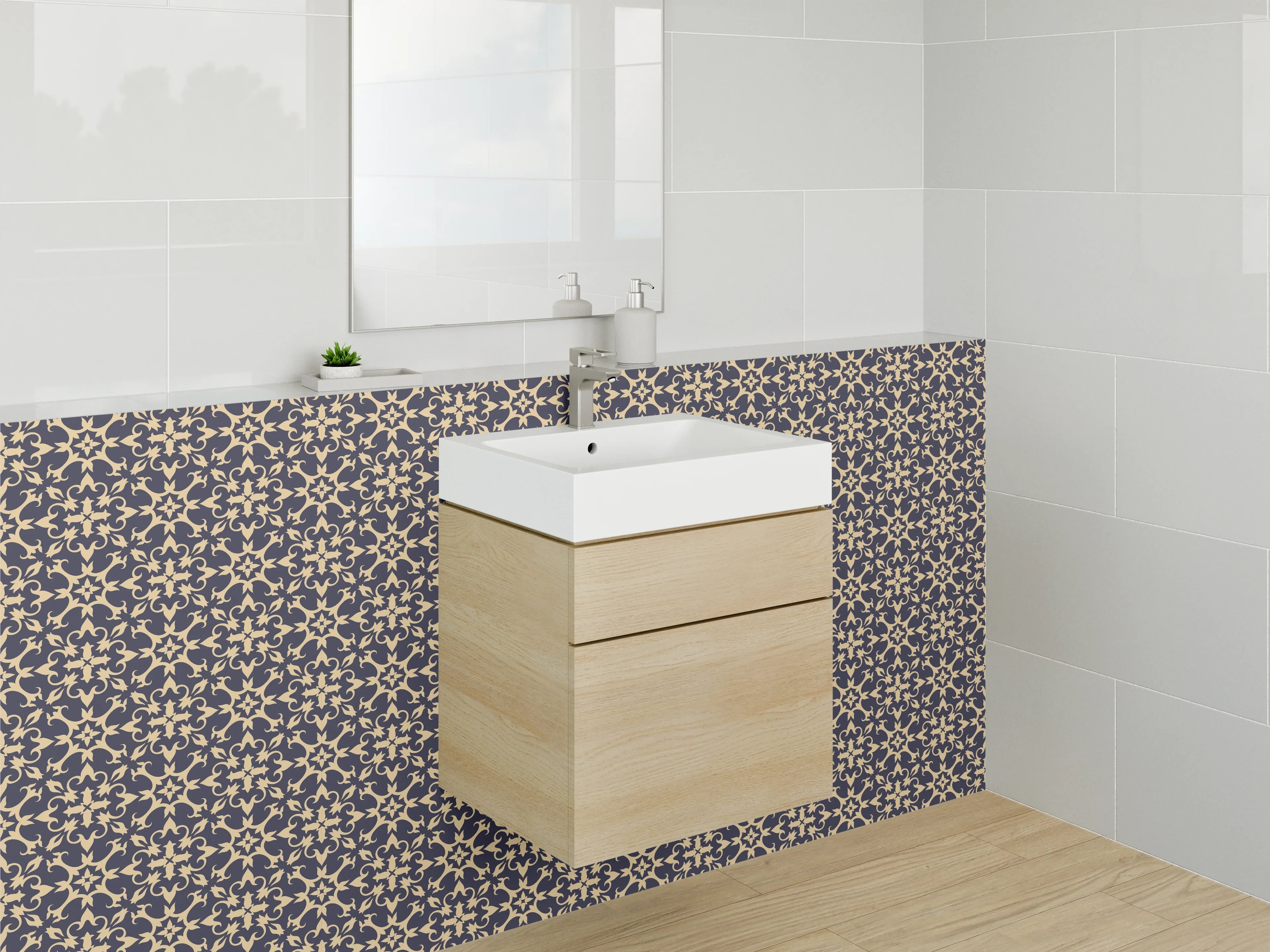 Waschbecken-Rückwand - Orientalisches Blumenmuster Blau Beige