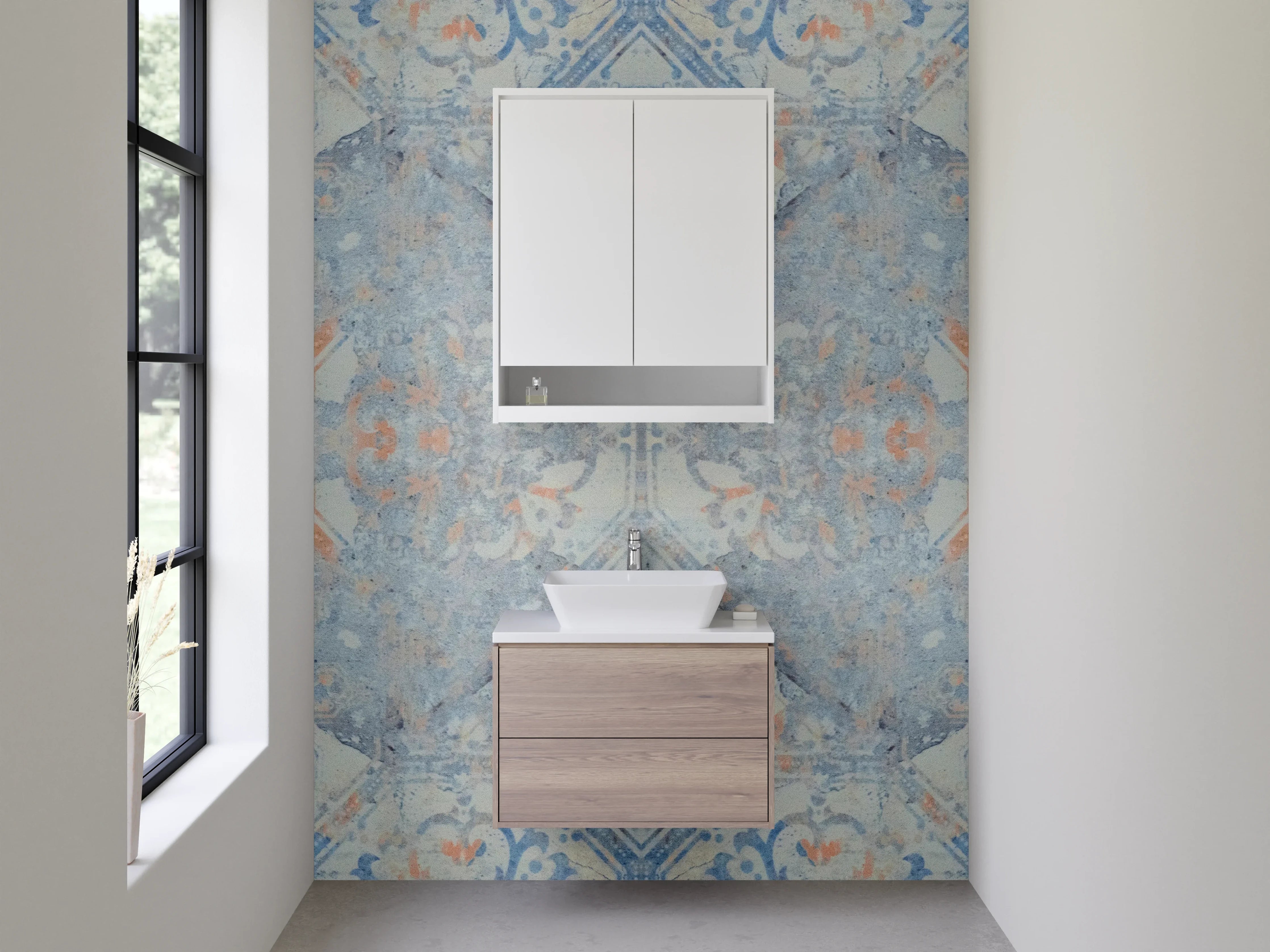 Waschbecken-Rückwand - Orientalisches Fliesen-Muster in Blau und Orange