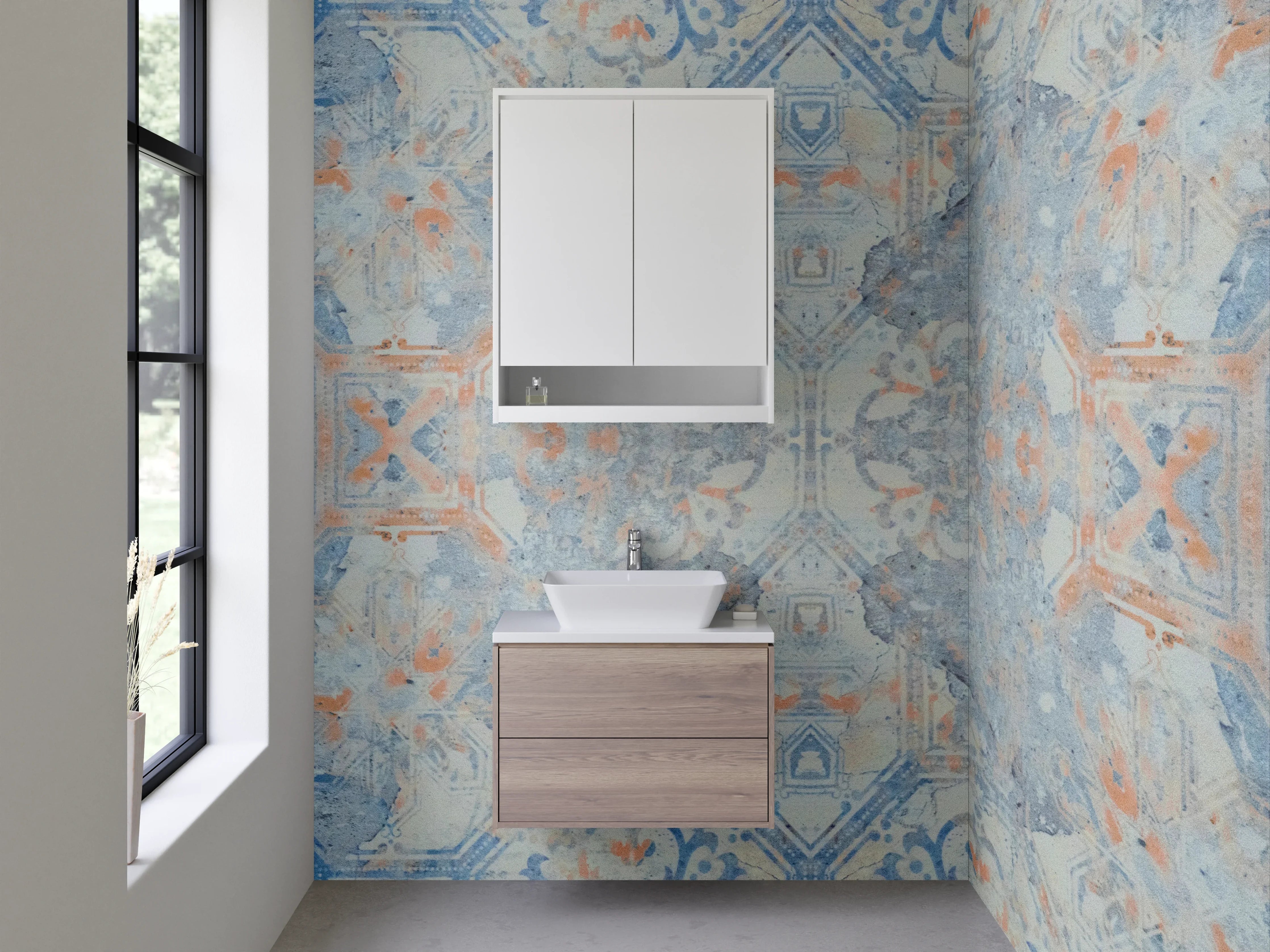Waschbecken-Rückwand - Orientalisches Fliesen-Muster in Blau und Orange