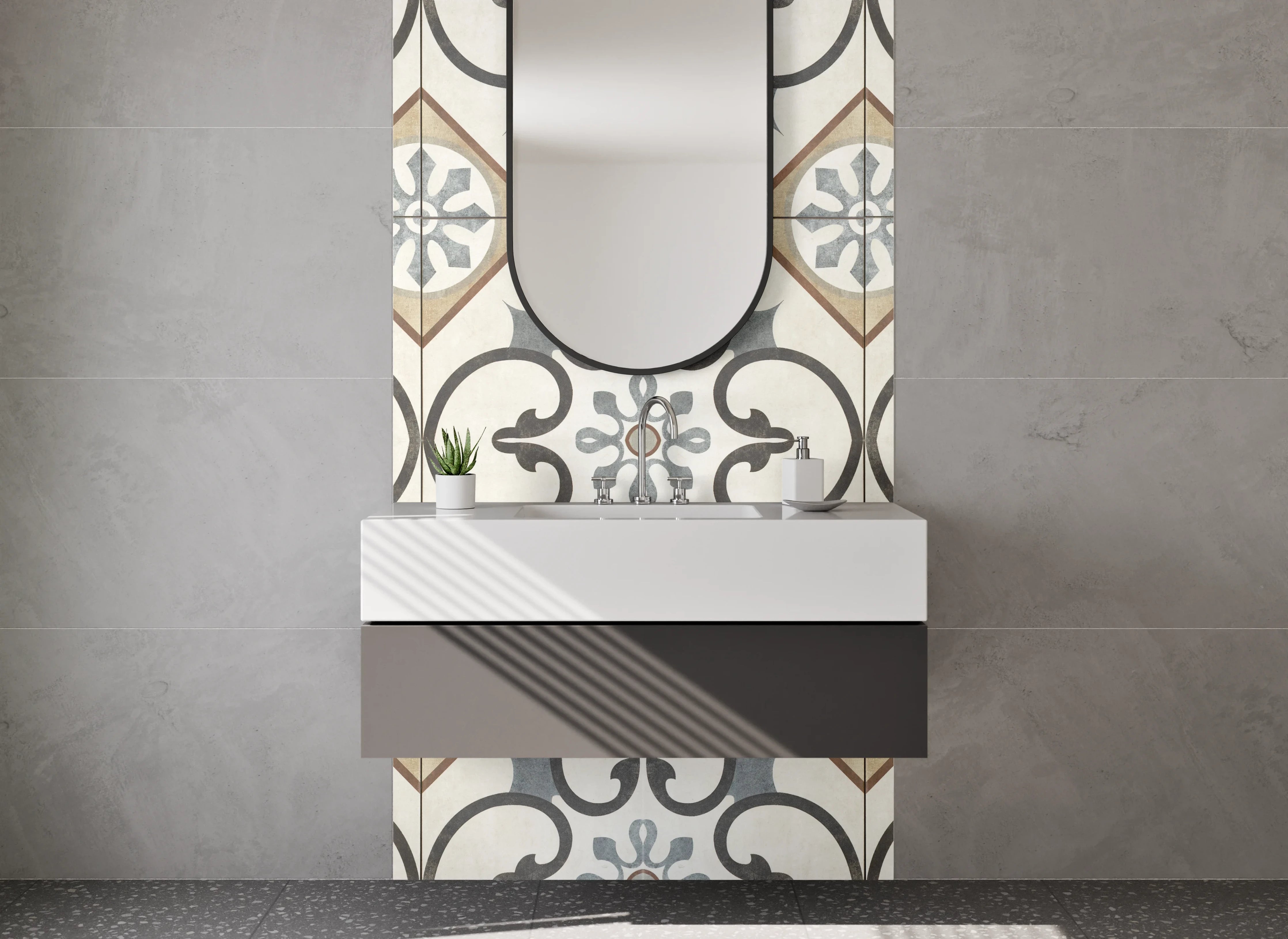 Waschbecken-Rückwand - Orientalisches Fliesenmuster Beige-Grau