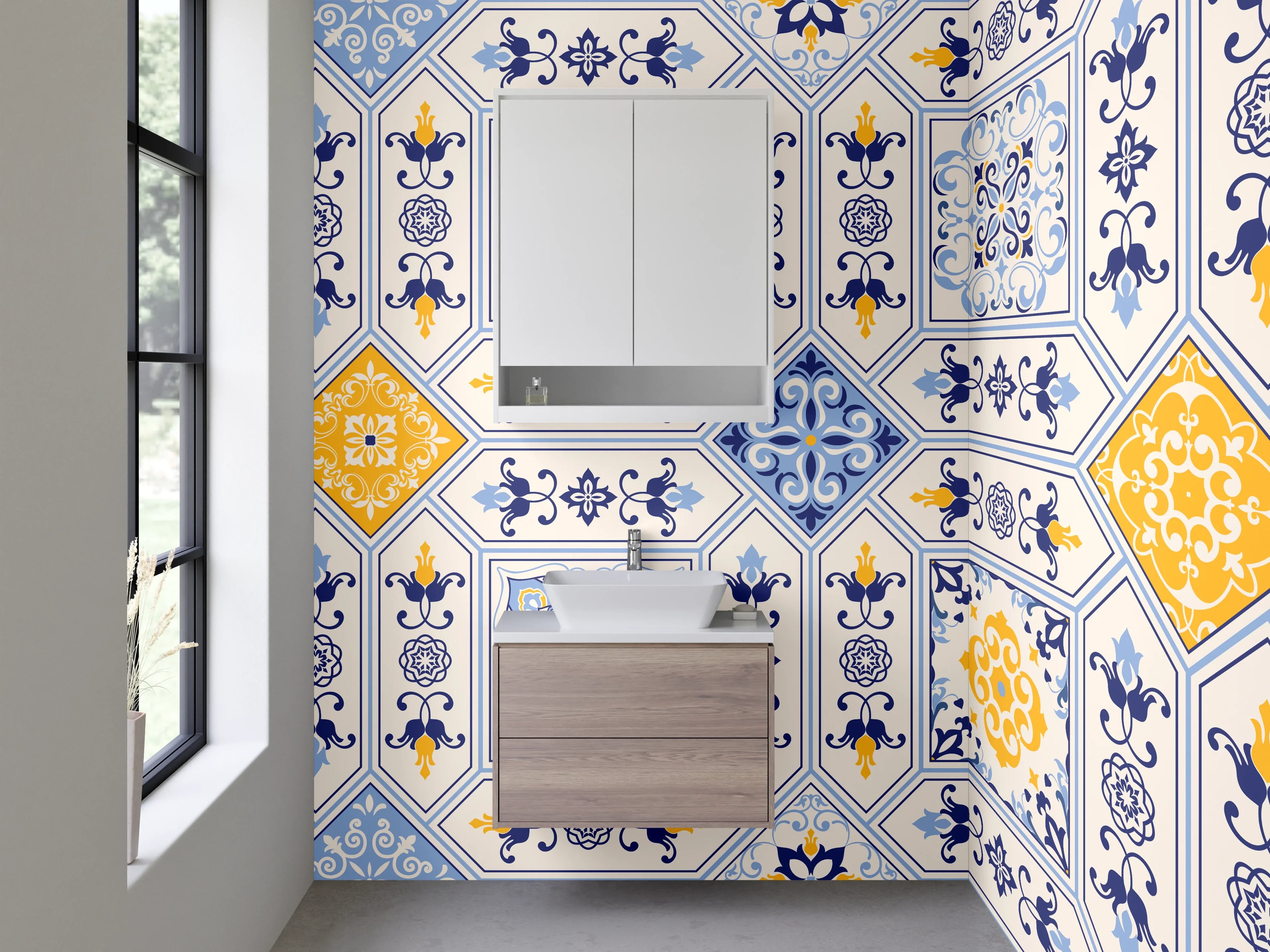 Waschbecken-Rückwand - Orientalisches Fliesenmuster Blau Gelb Weiß