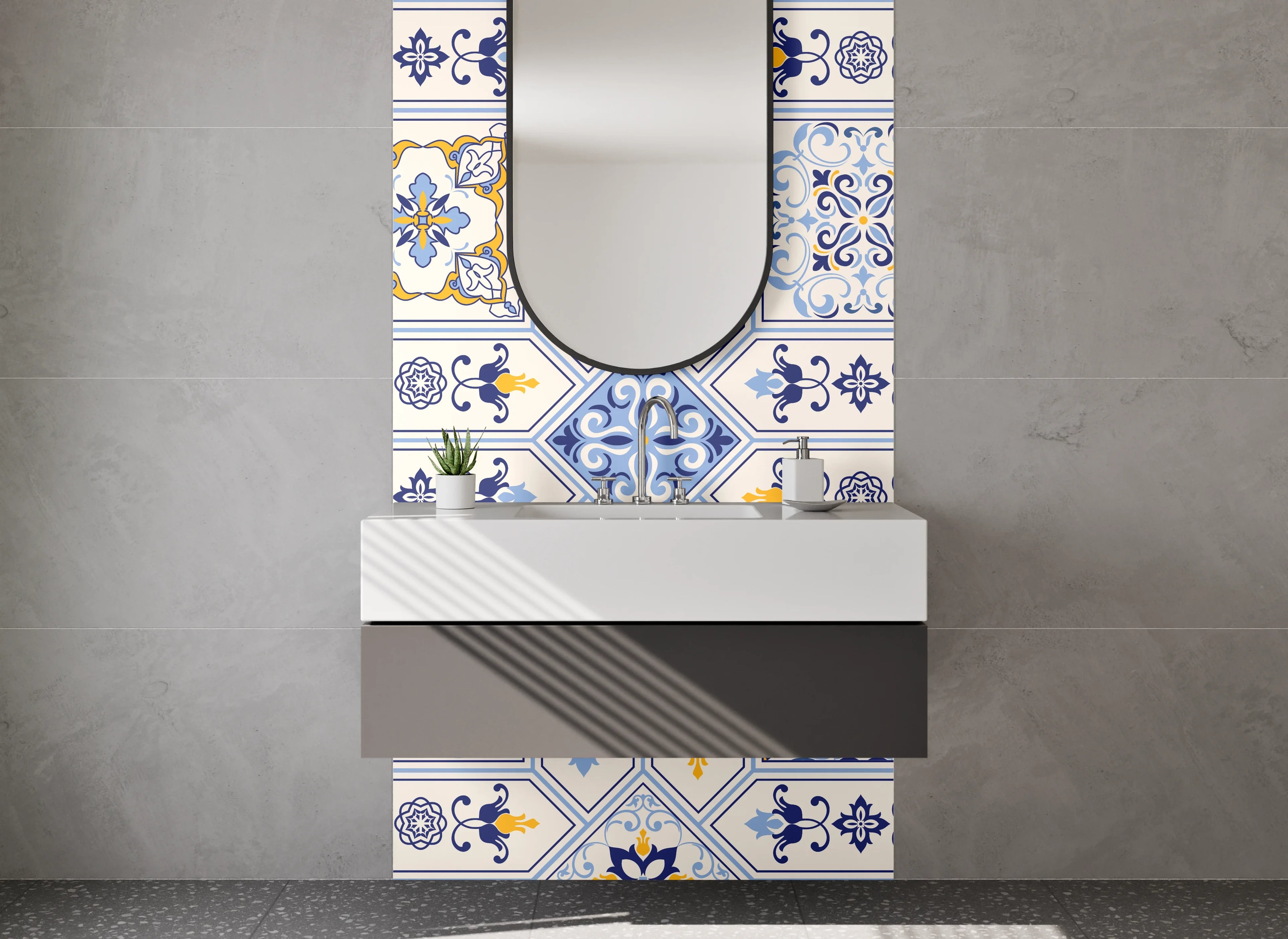 Waschbecken-Rückwand - Orientalisches Fliesenmuster Blau Gelb Weiß