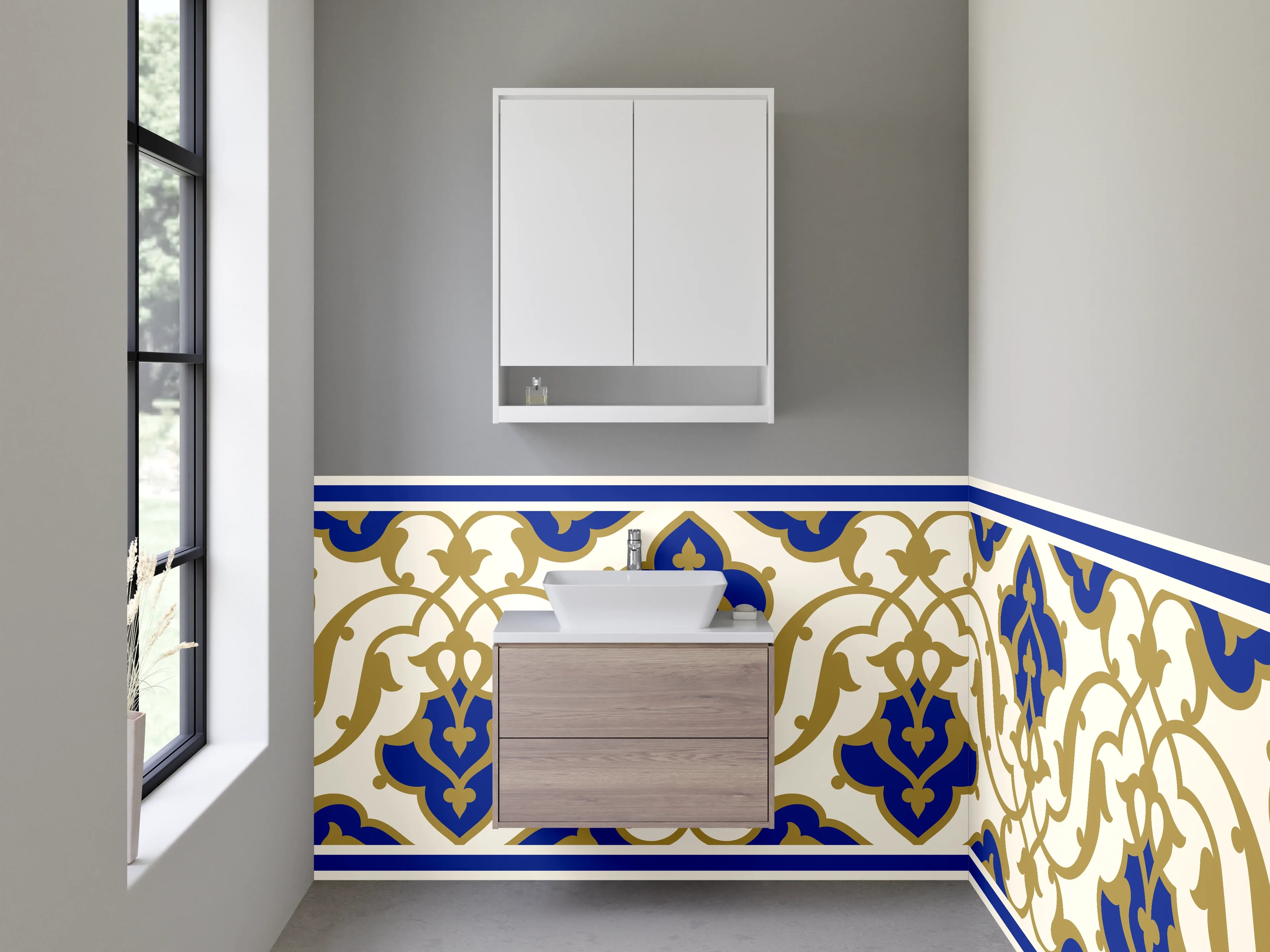 Waschbecken-Rückwand - Orientalisches Fliesenmuster Blau Gold