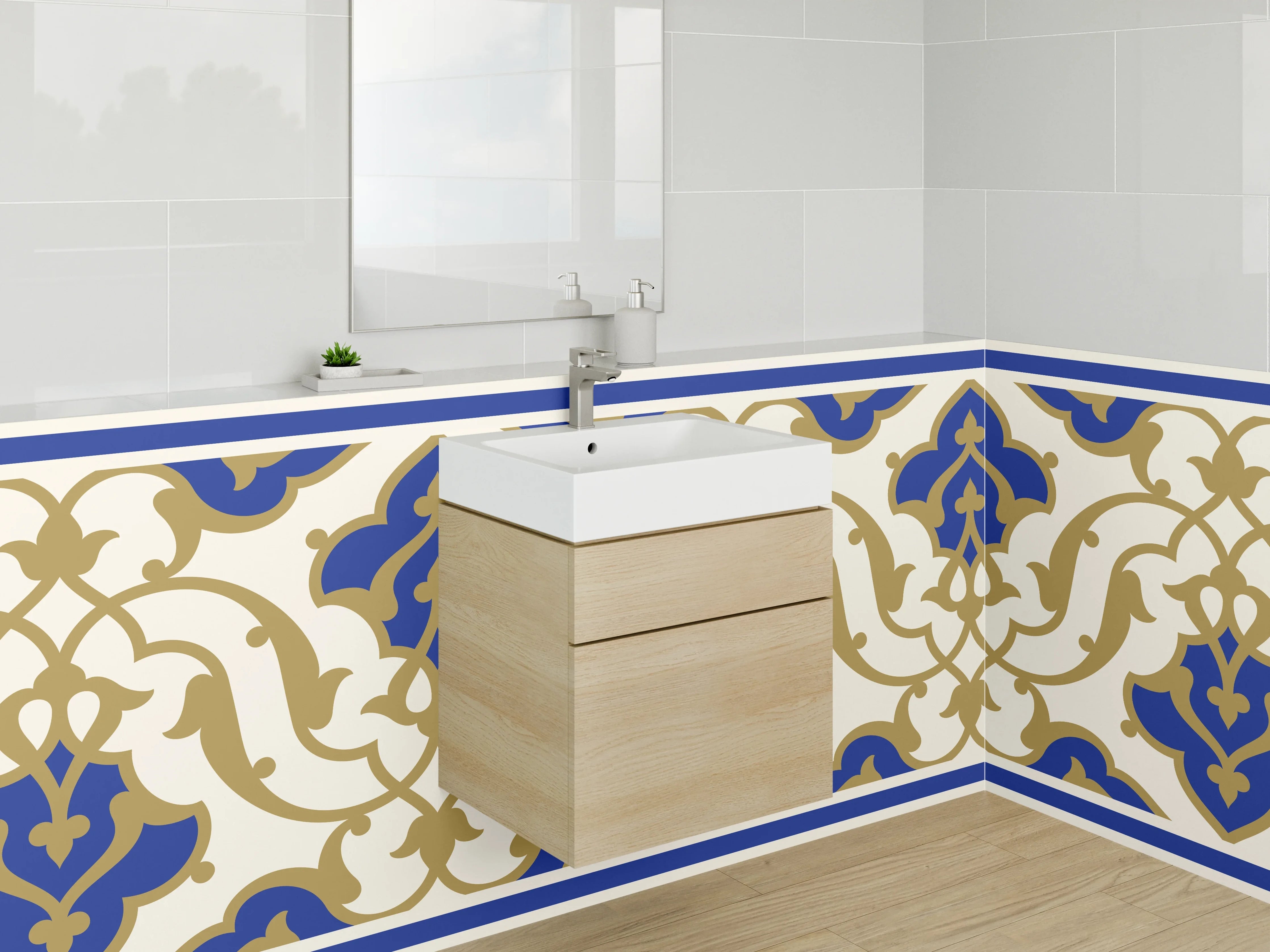 Waschbecken-Rückwand - Orientalisches Fliesenmuster Blau Gold