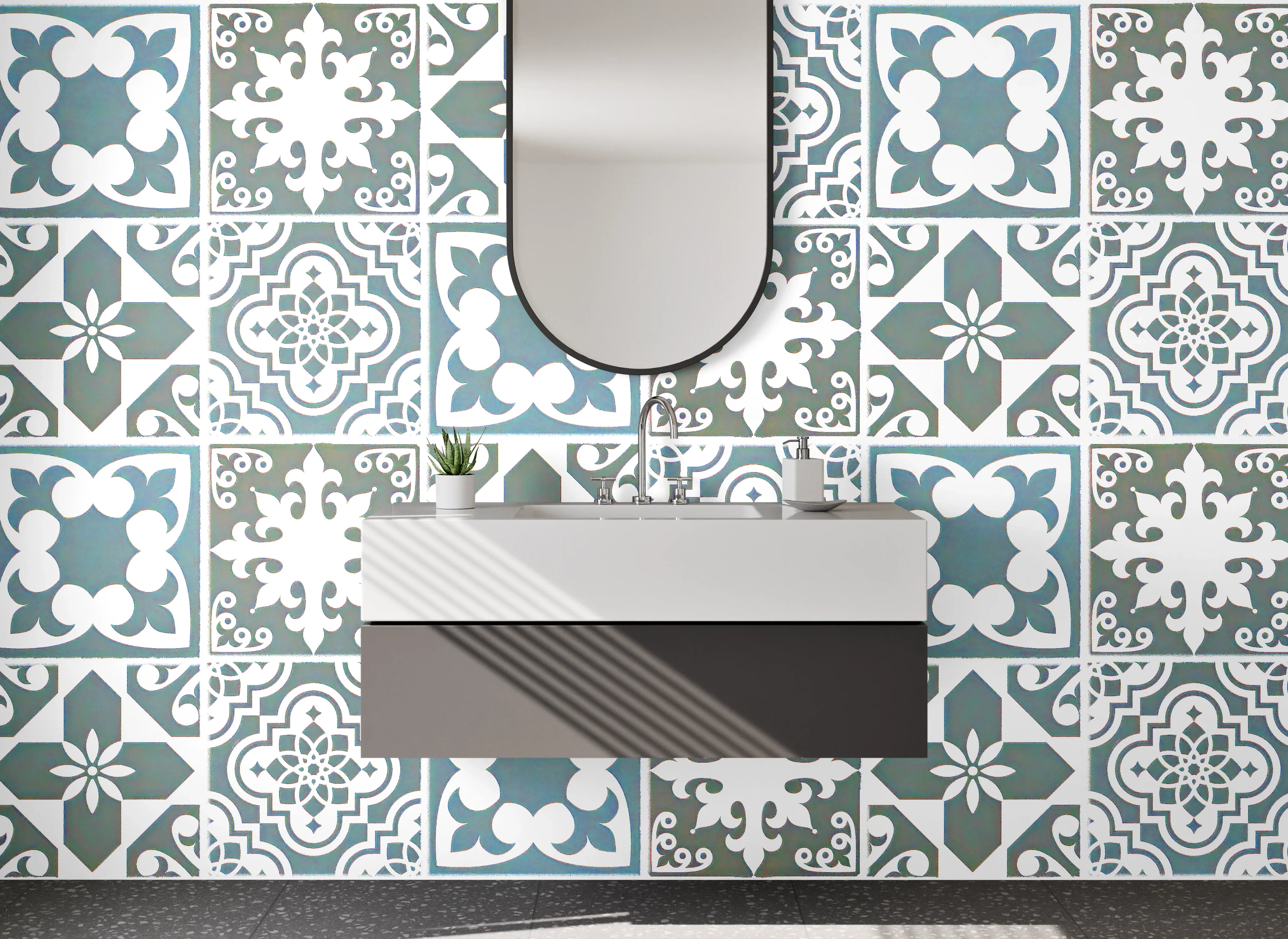 Waschbecken-Rückwand - Orientalisches Fliesenmuster Blau Grau